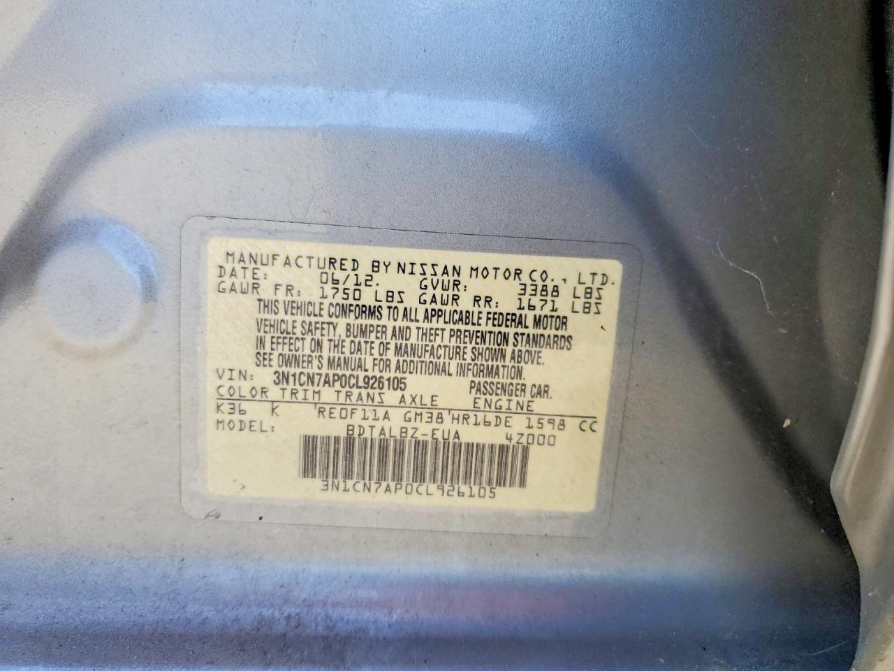 2012 Nissan Versa 1.6 S Silver vin: 3N1CN7AP0CL926105