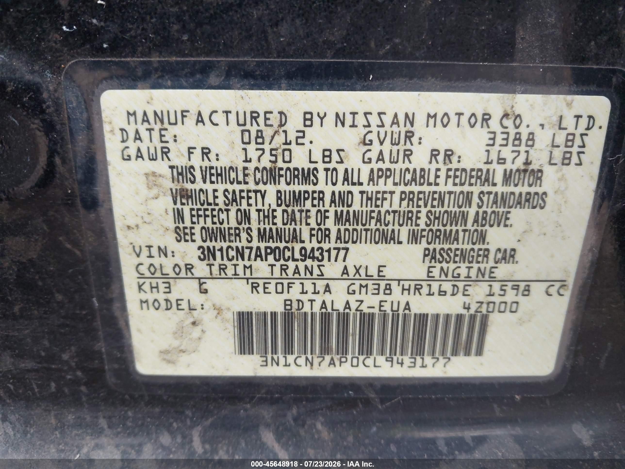 2012 Nissan Versa 1.6 S Black vin: 3N1CN7AP0CL943177