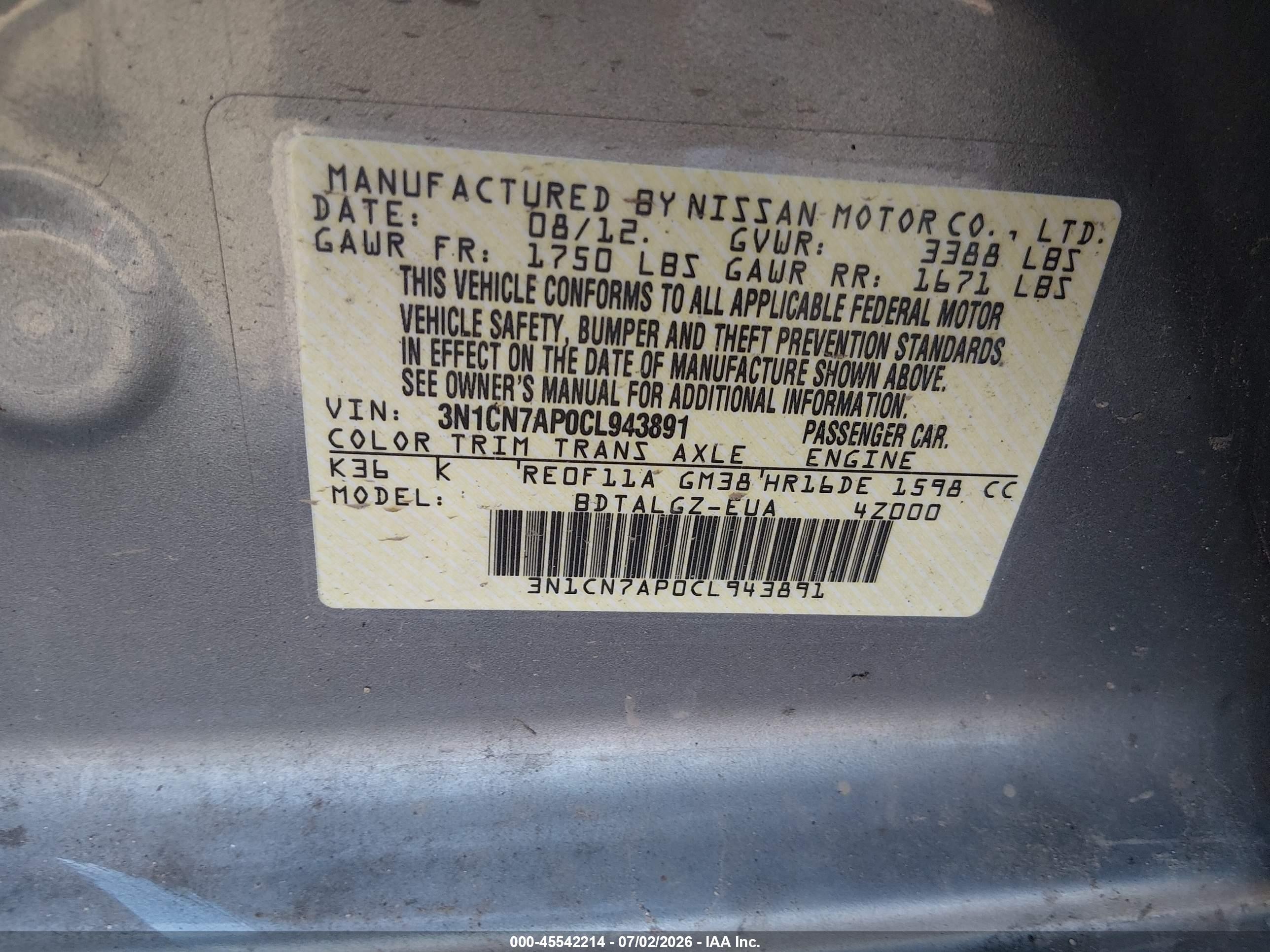 2012 Nissan Versa 1.6 Sl Gray vin: 3N1CN7AP0CL943891