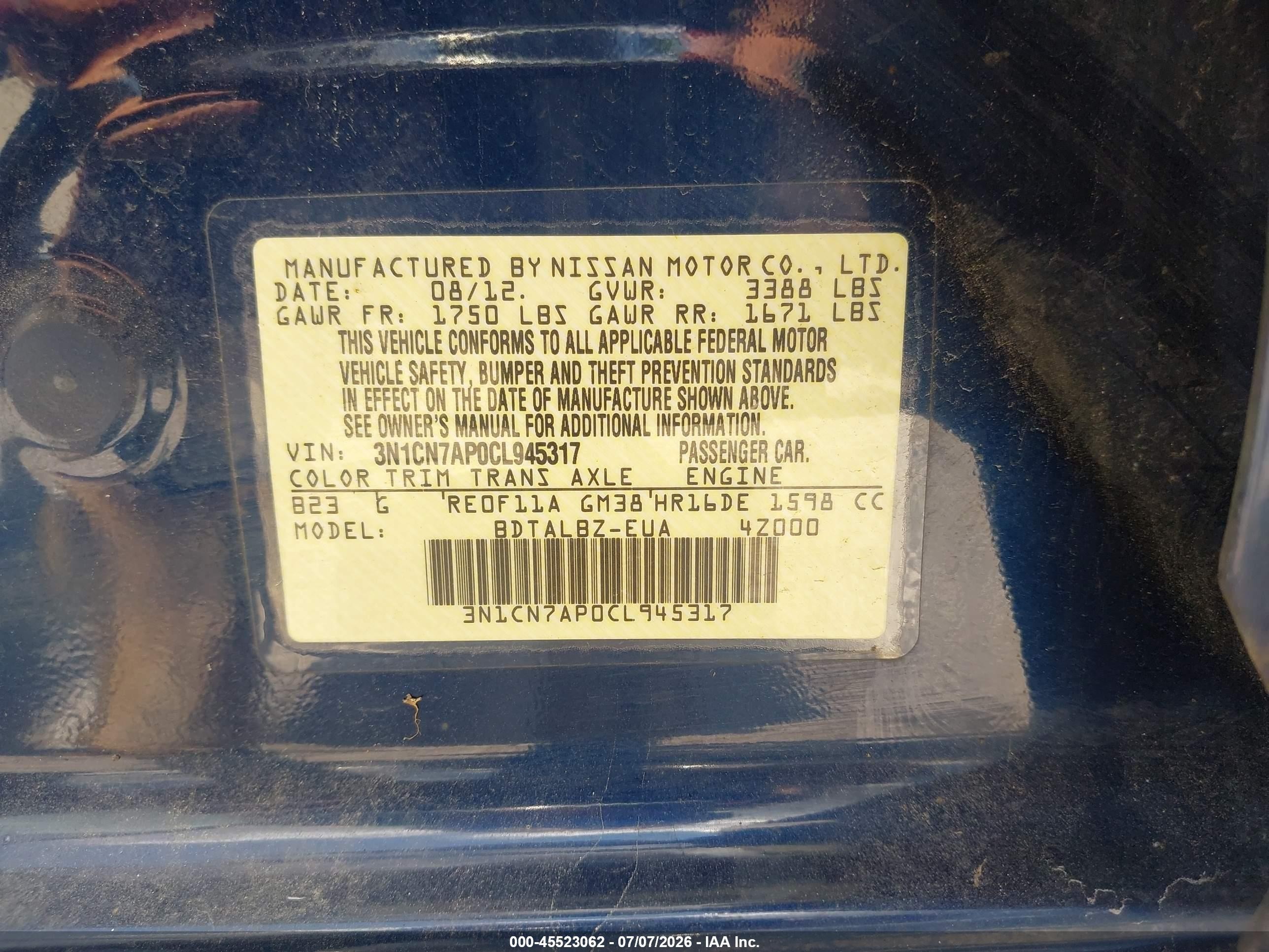 2012 Nissan Versa 1.6 Sv Blue vin: 3N1CN7AP0CL945317