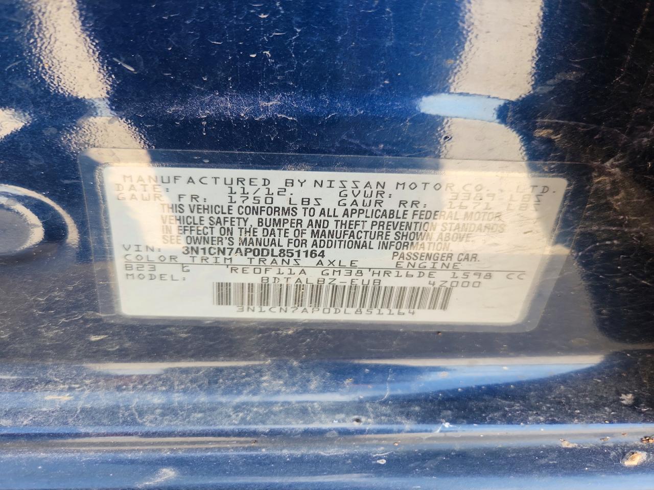 2013 Nissan Versa 1.6 S Синий vin: 3N1CN7AP0DL851164