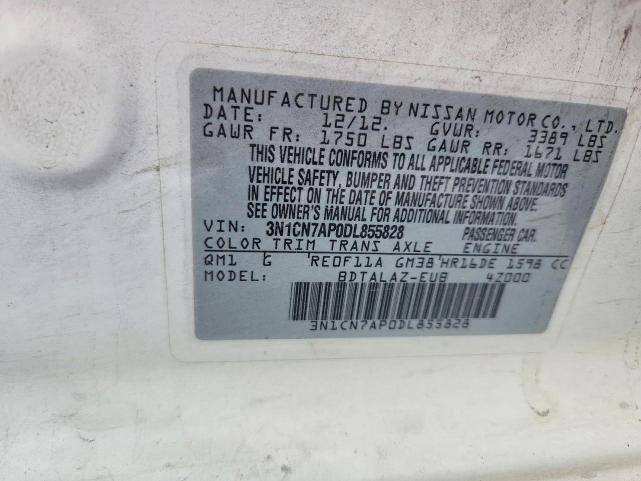 2013 Nissan Versa 1.6 S Белый vin: 3N1CN7AP0DL855828