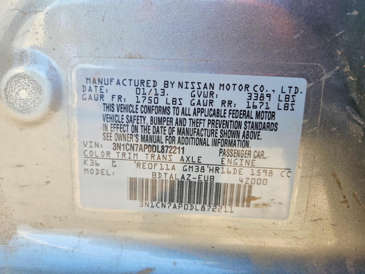2013 Nissan Versa 1.6 S Серебряный vin: 3N1CN7AP0DL872211