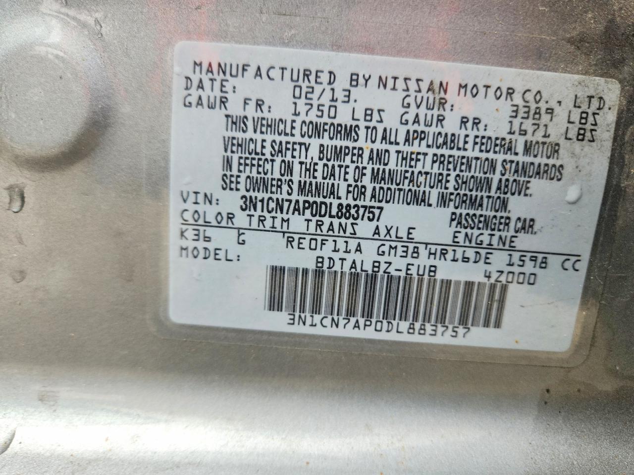 2013 Nissan Versa 1.6 S Gray vin: 3N1CN7AP0DL883757
