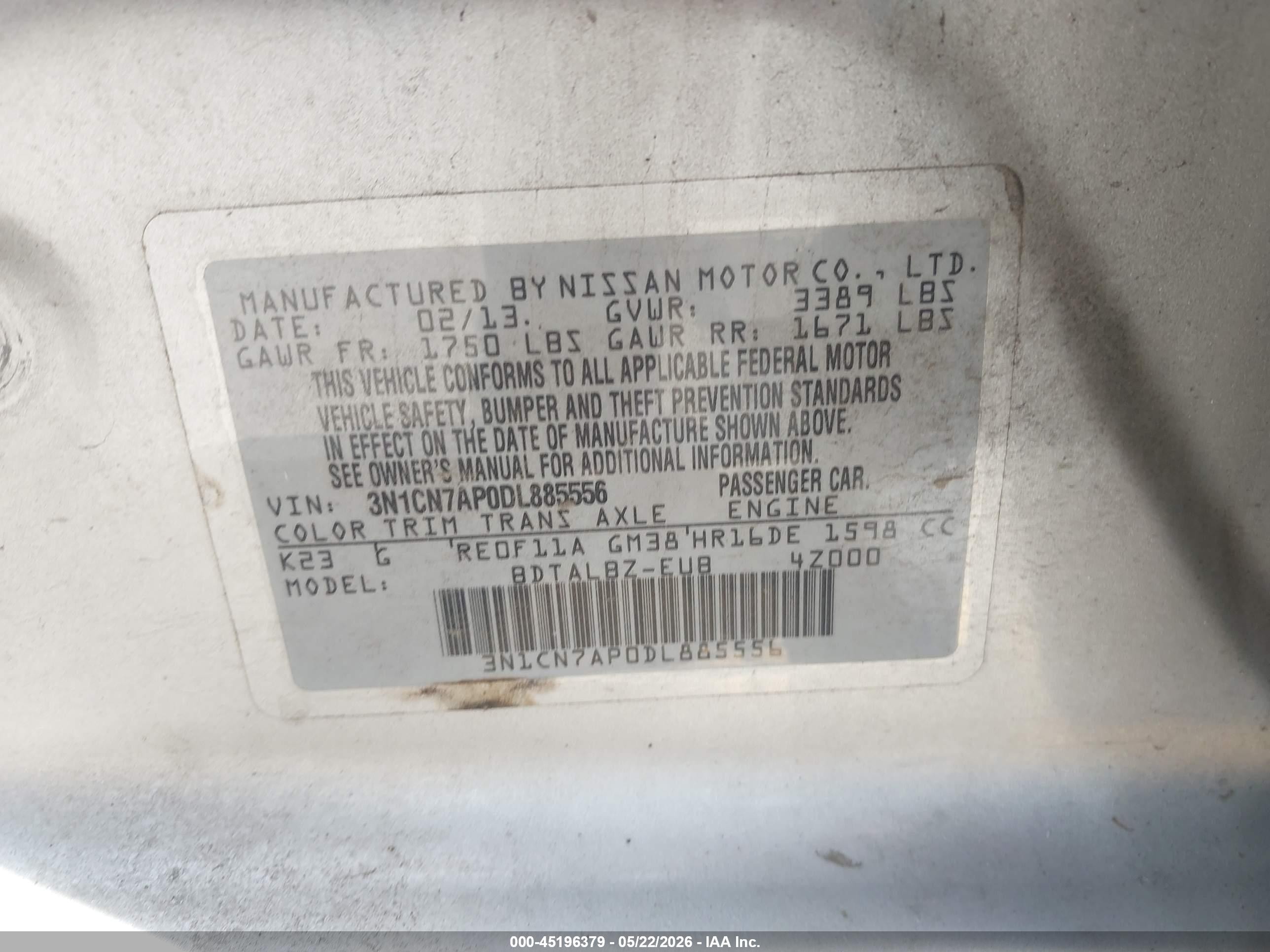 2013 Nissan Versa 1.6 Sv Silver vin: 3N1CN7AP0DL885556
