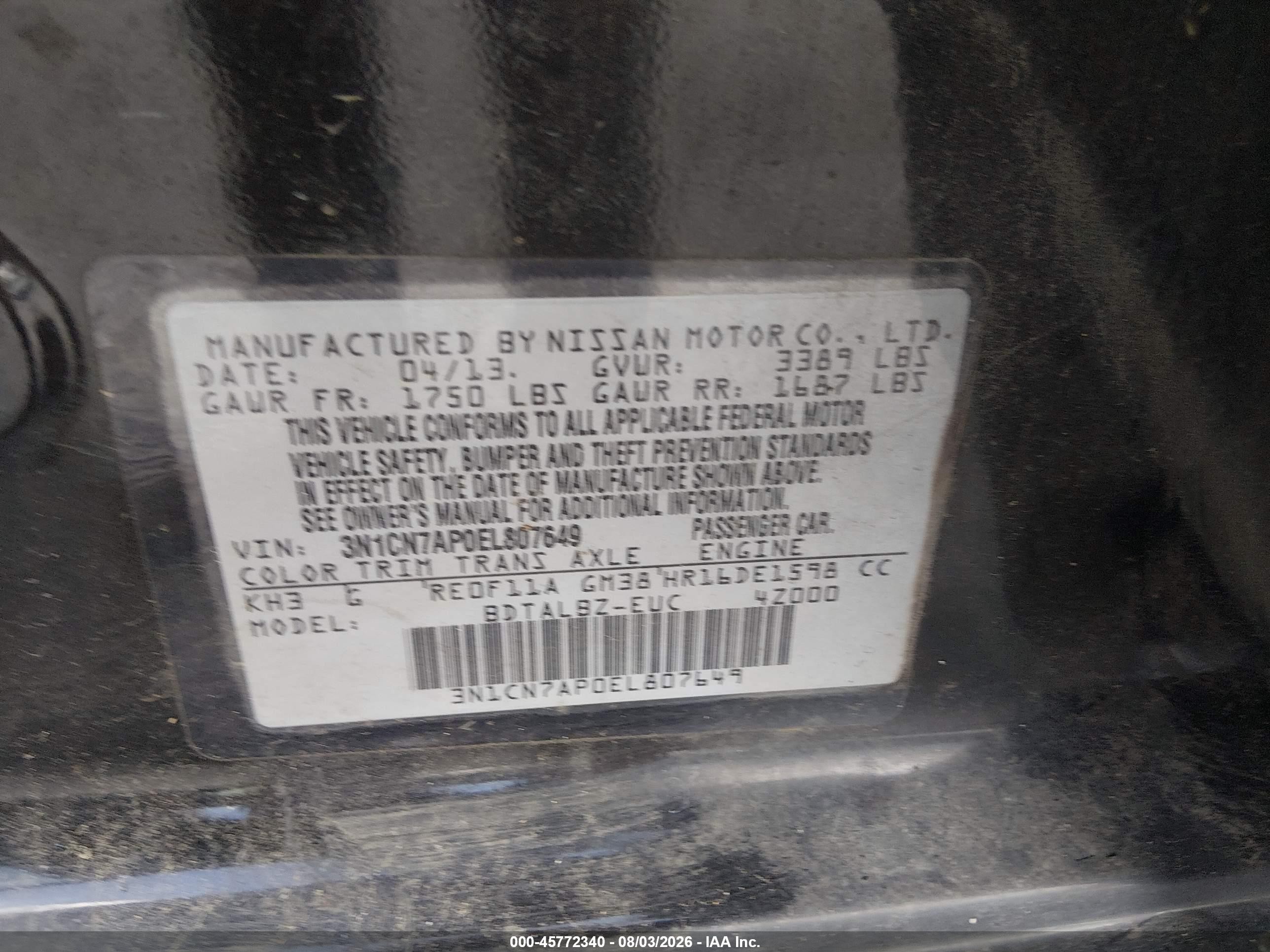 2014 Nissan Versa 1.6 Sv Black vin: 3N1CN7AP0EL807649