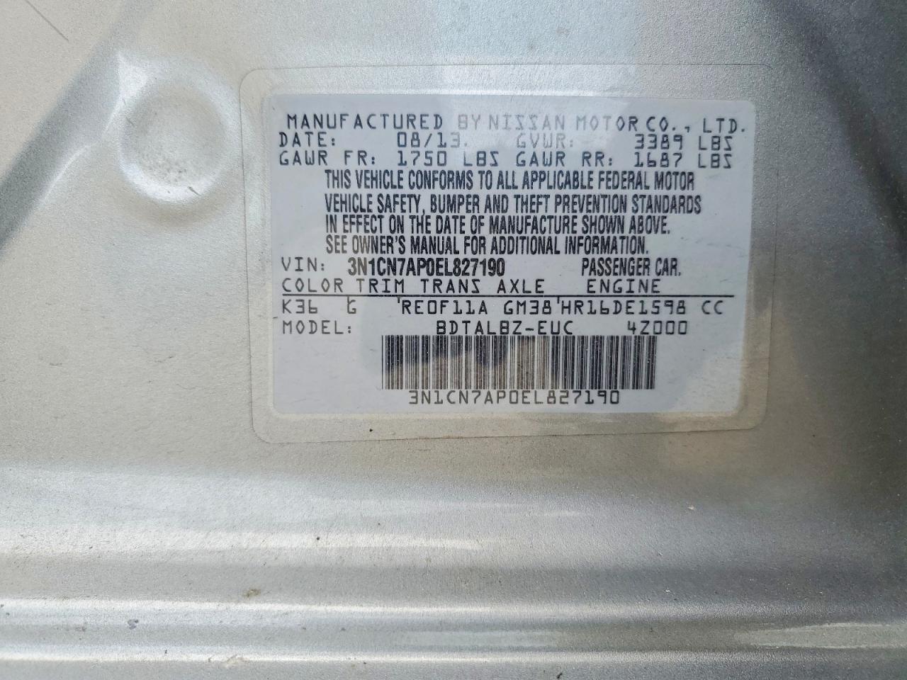 2014 Nissan Versa 1.6 S Gray vin: 3N1CN7AP0EL827190