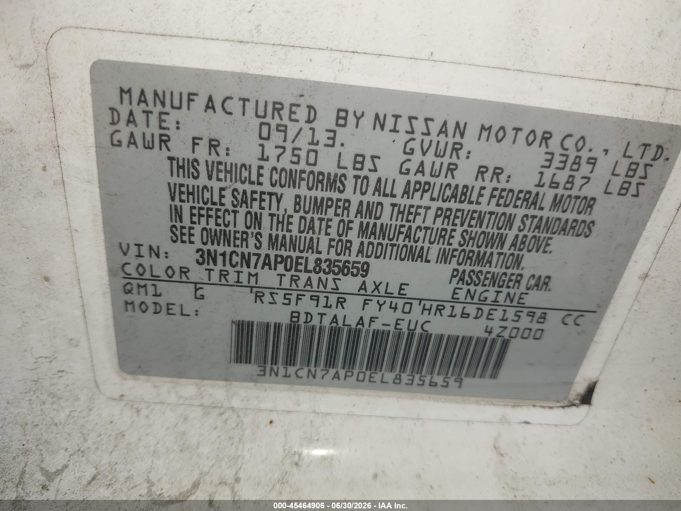 2014 Nissan Versa S White vin: 3N1CN7AP0EL835659