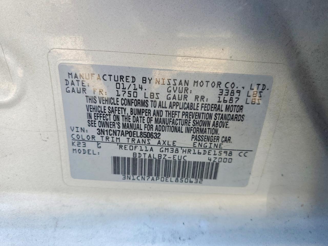 2014 Nissan Versa 1.6 S Silver vin: 3N1CN7AP0EL850632