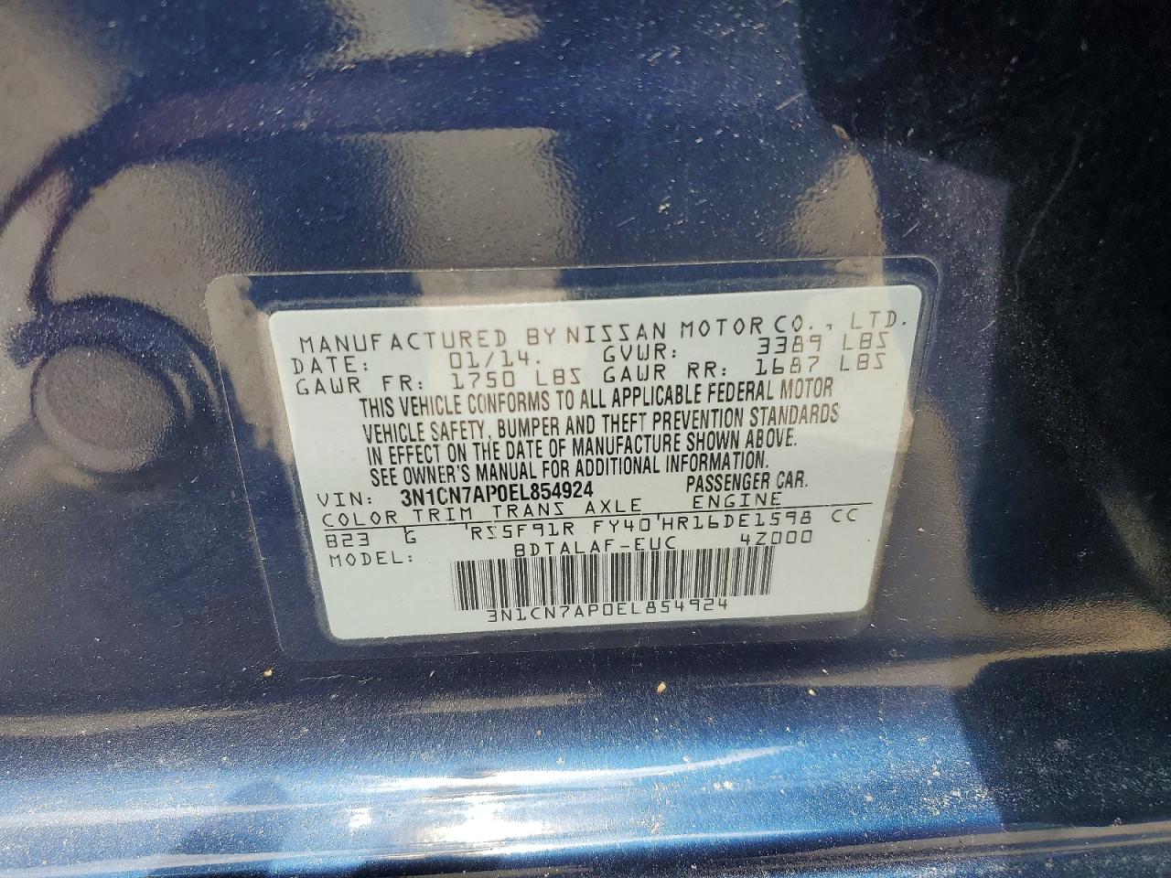 2014 Nissan Versa 1.6 S Blue vin: 3N1CN7AP0EL854924