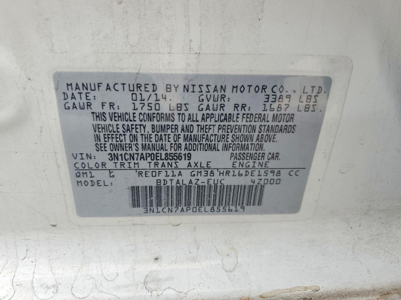 2014 Nissan Versa 1.6 S Plus White vin: 3N1CN7AP0EL855619