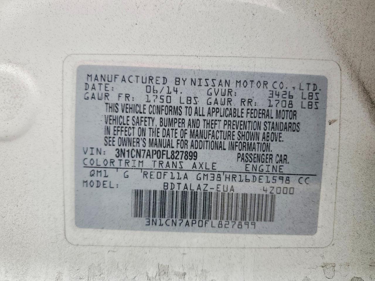 2015 Nissan Versa 1.6 S Plus Белый vin: 3N1CN7AP0FL827899