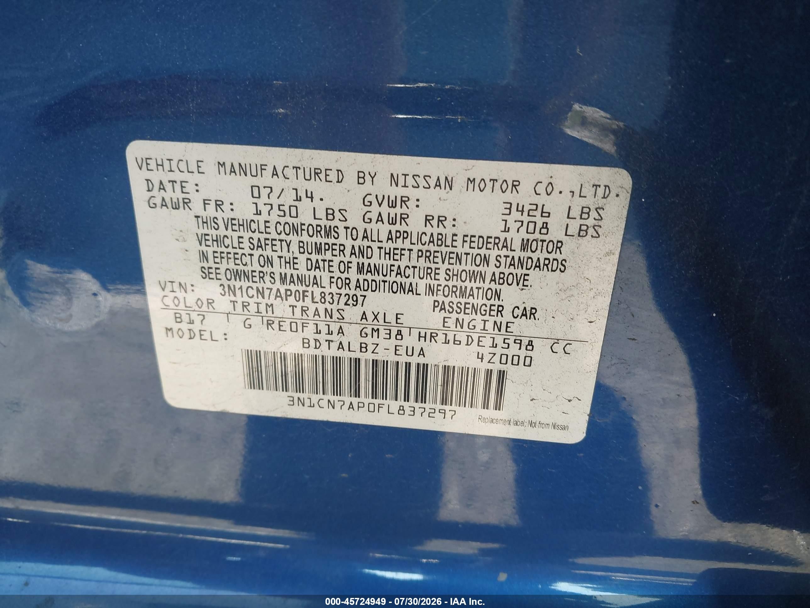 2015 Nissan Versa 1.6 S/1.6 S+/1.6 Sl/1.6 Sv Blue vin: 3N1CN7AP0FL837297