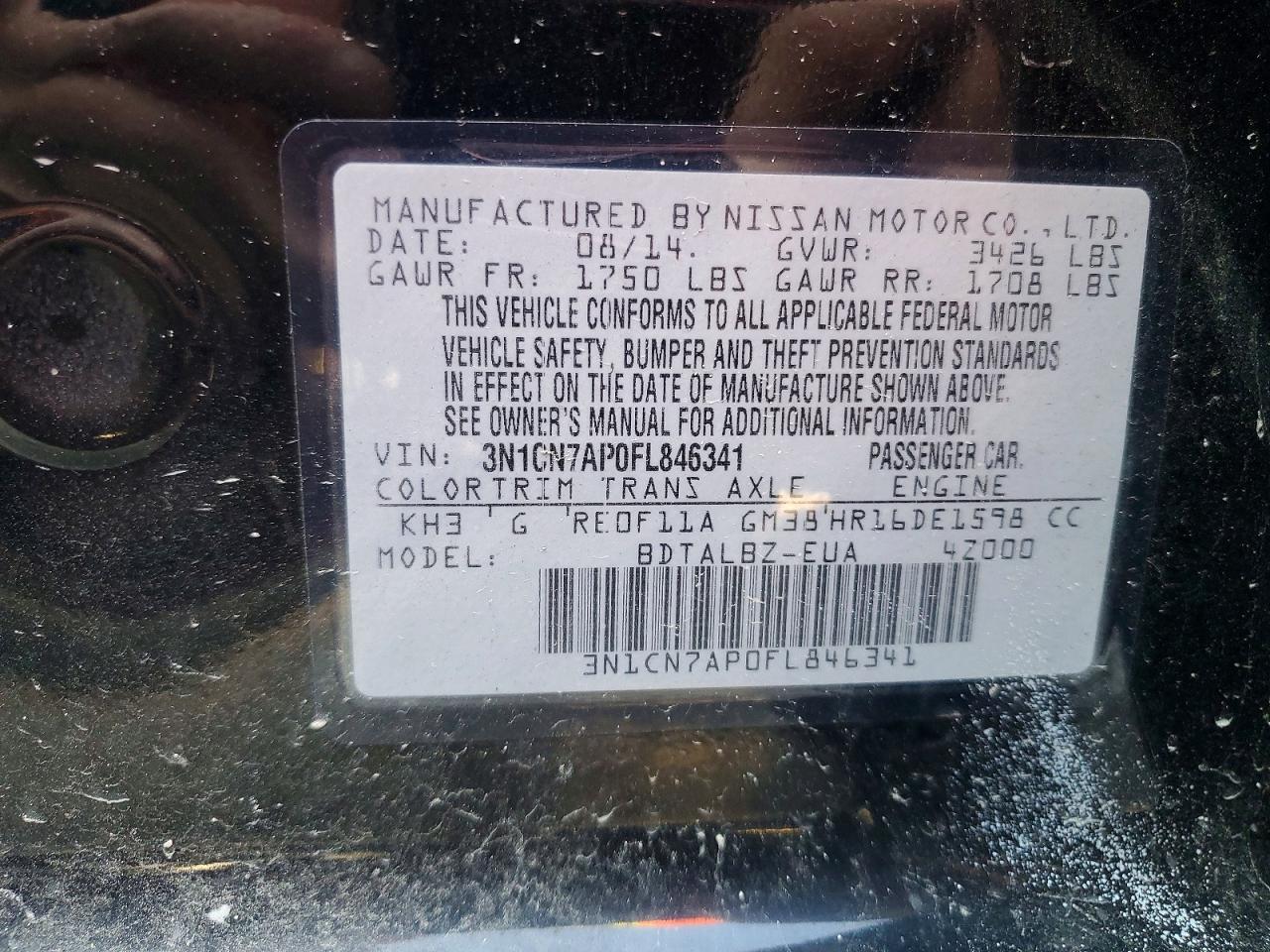2015 Nissan Versa 1.6 Sv Black vin: 3N1CN7AP0FL846341