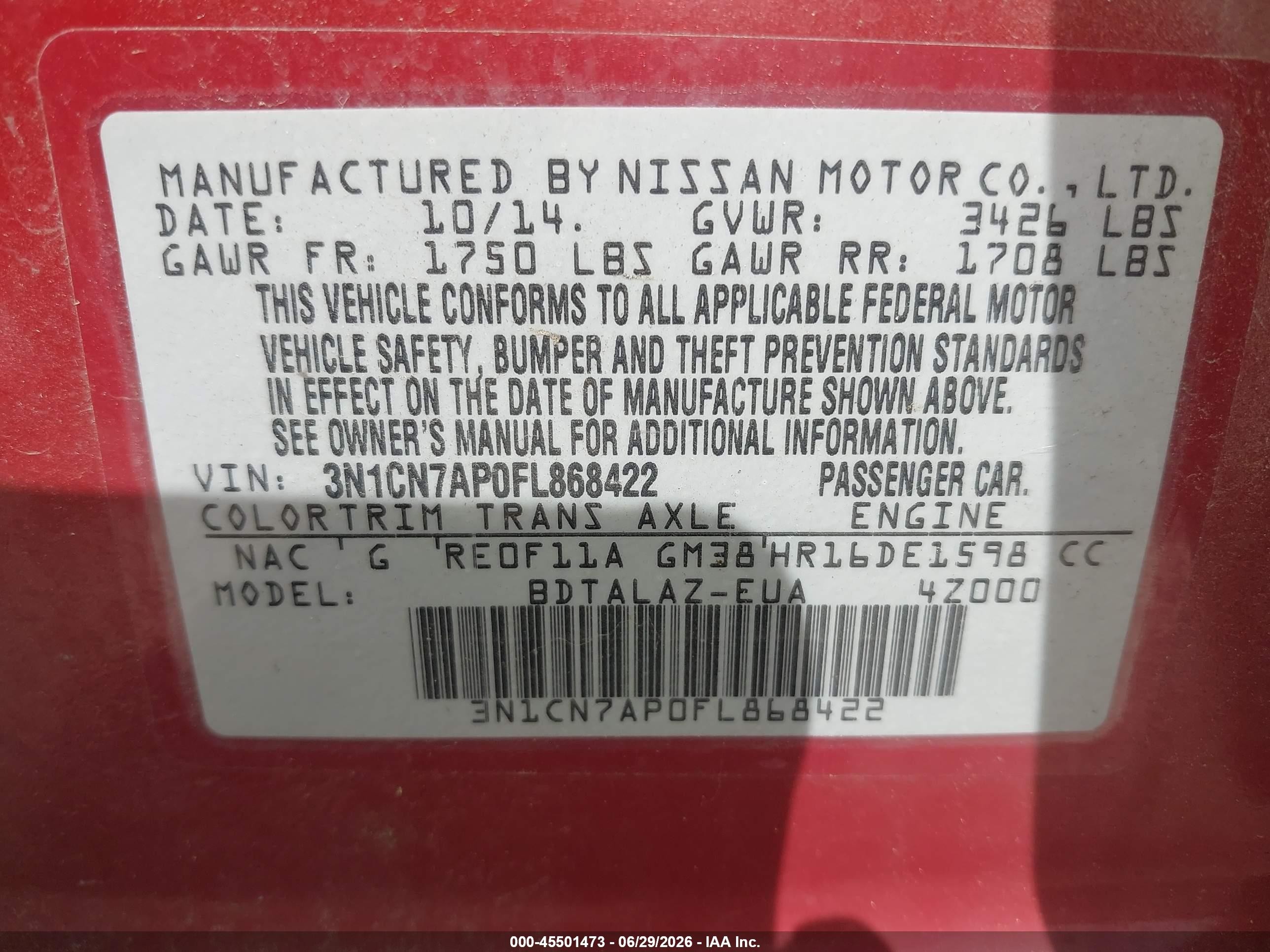 2015 Nissan Versa 1.6 S+ Red vin: 3N1CN7AP0FL868422