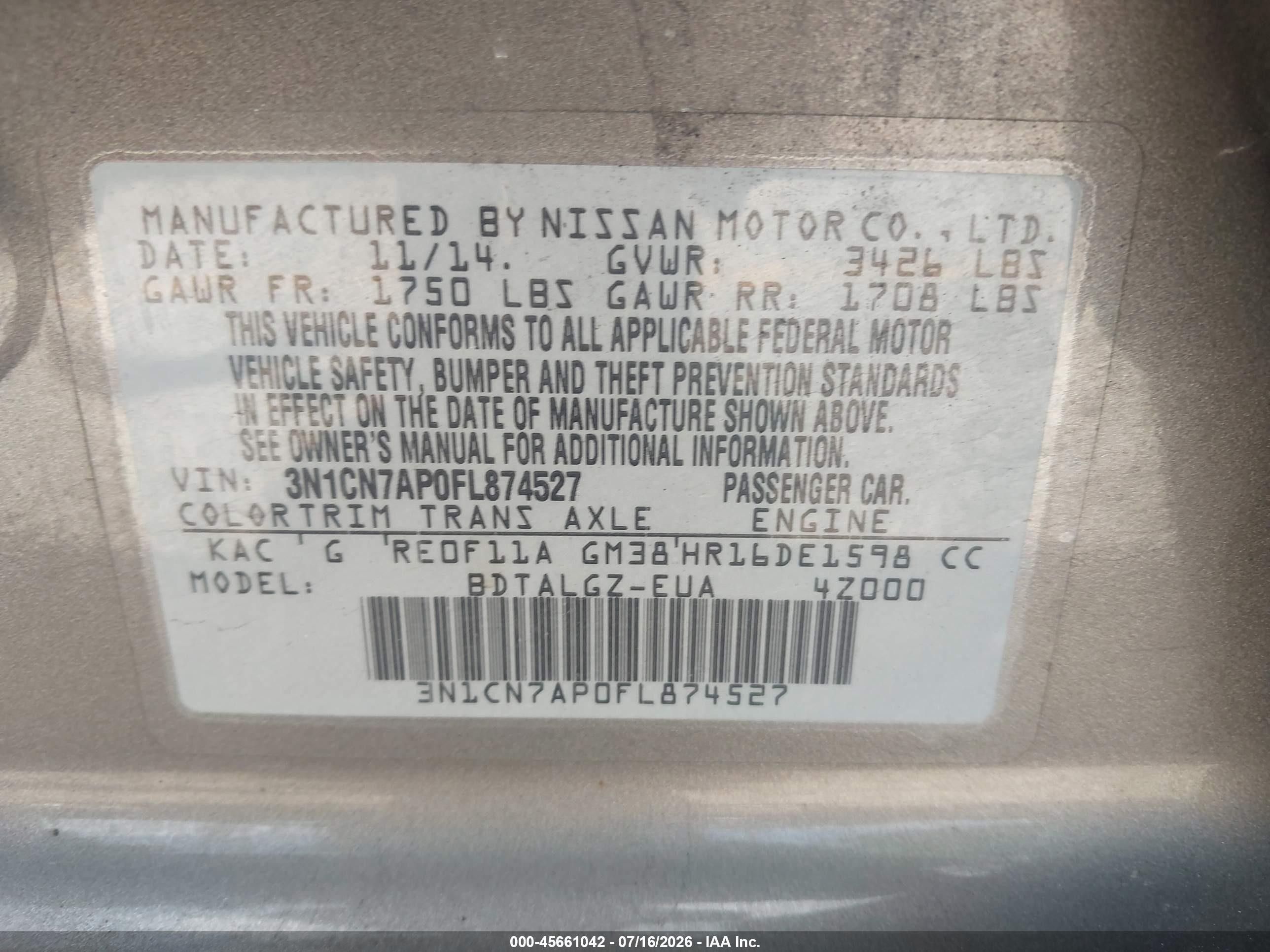 2015 Nissan Versa 1.6 Sl Gray vin: 3N1CN7AP0FL874527