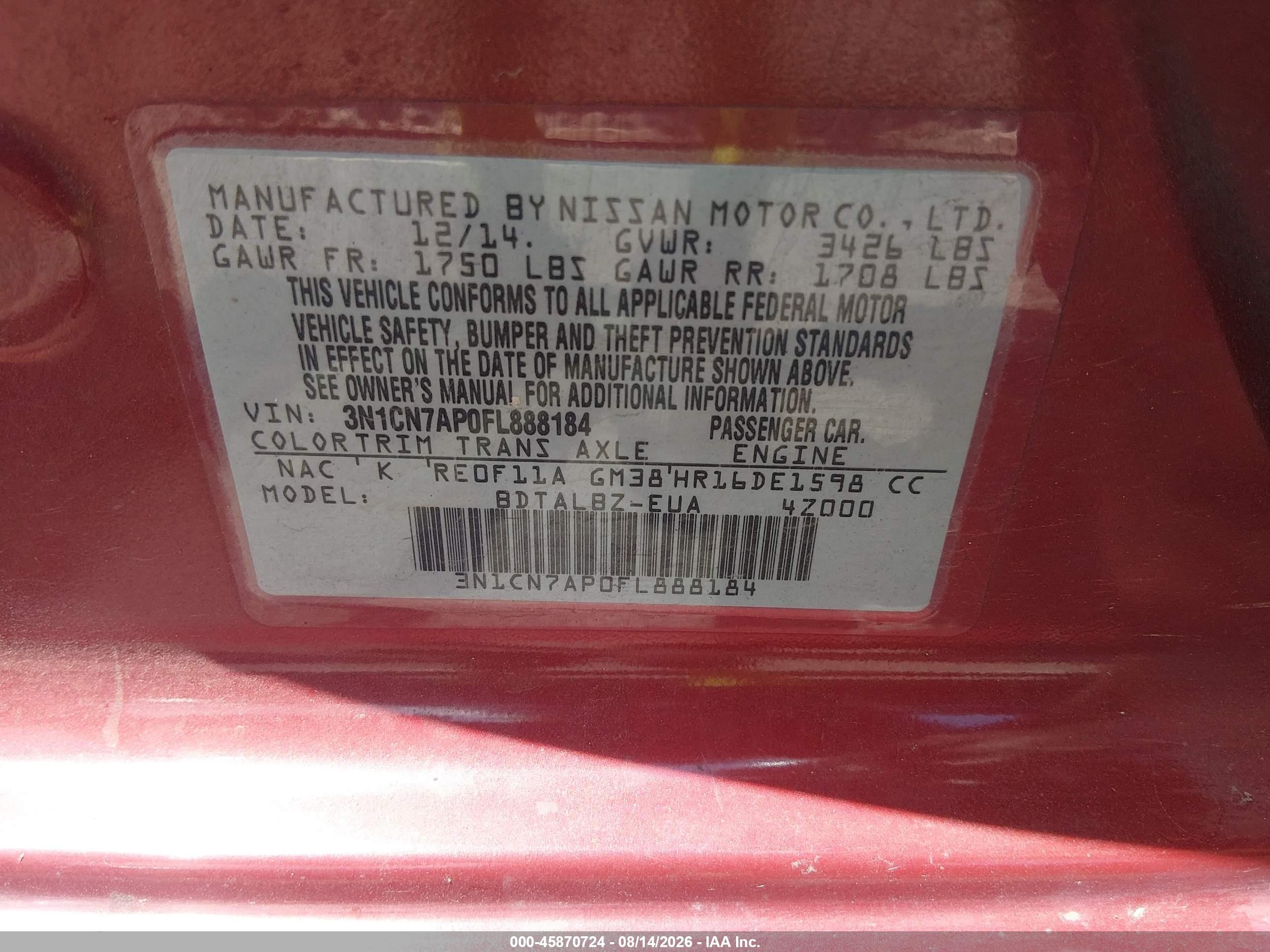 2015 Nissan Versa 1.6 Sv Red vin: 3N1CN7AP0FL888184
