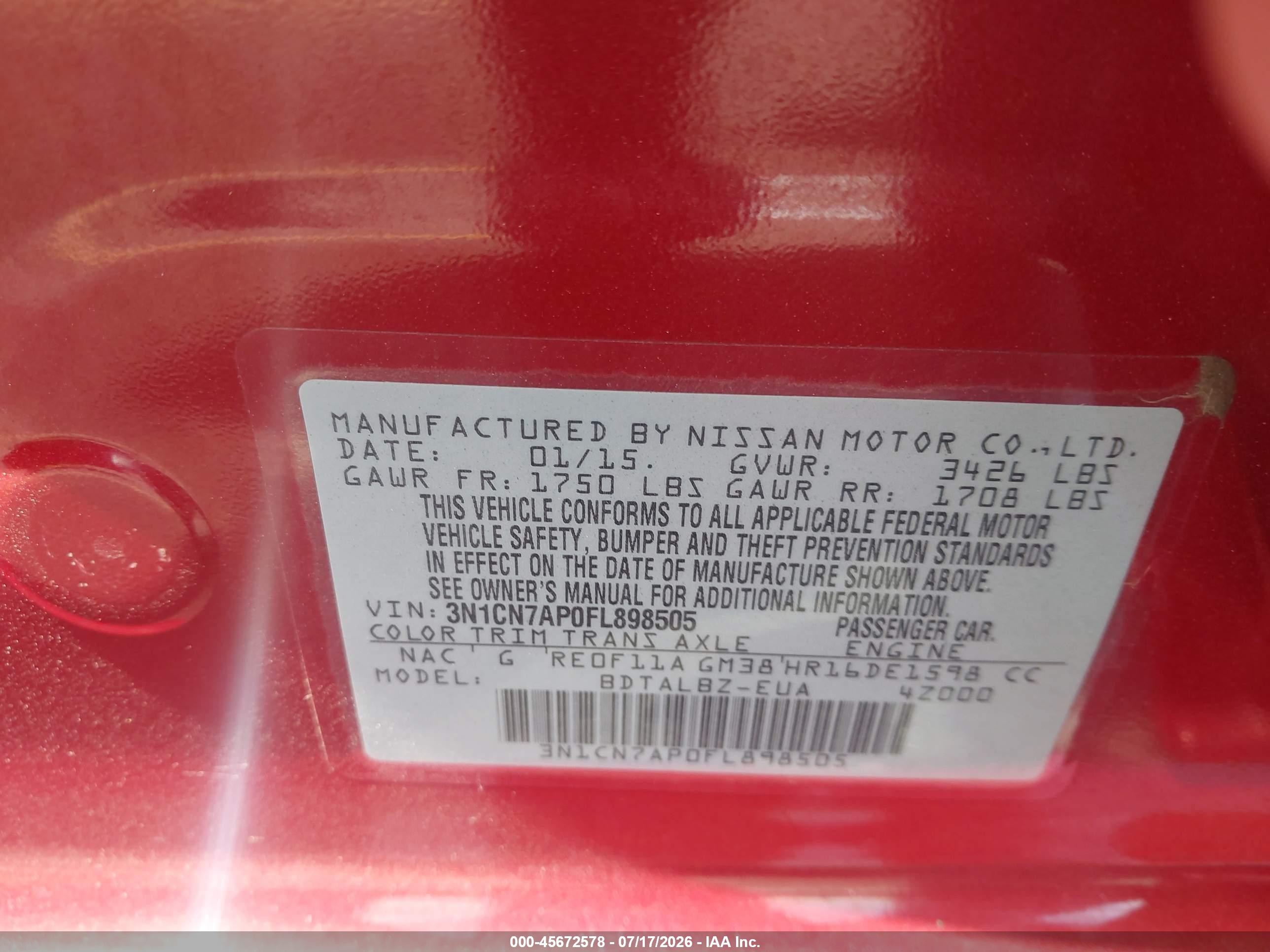 2015 Nissan Versa 1.6 S/1.6 S+/1.6 Sl/1.6 Sv Red vin: 3N1CN7AP0FL898505