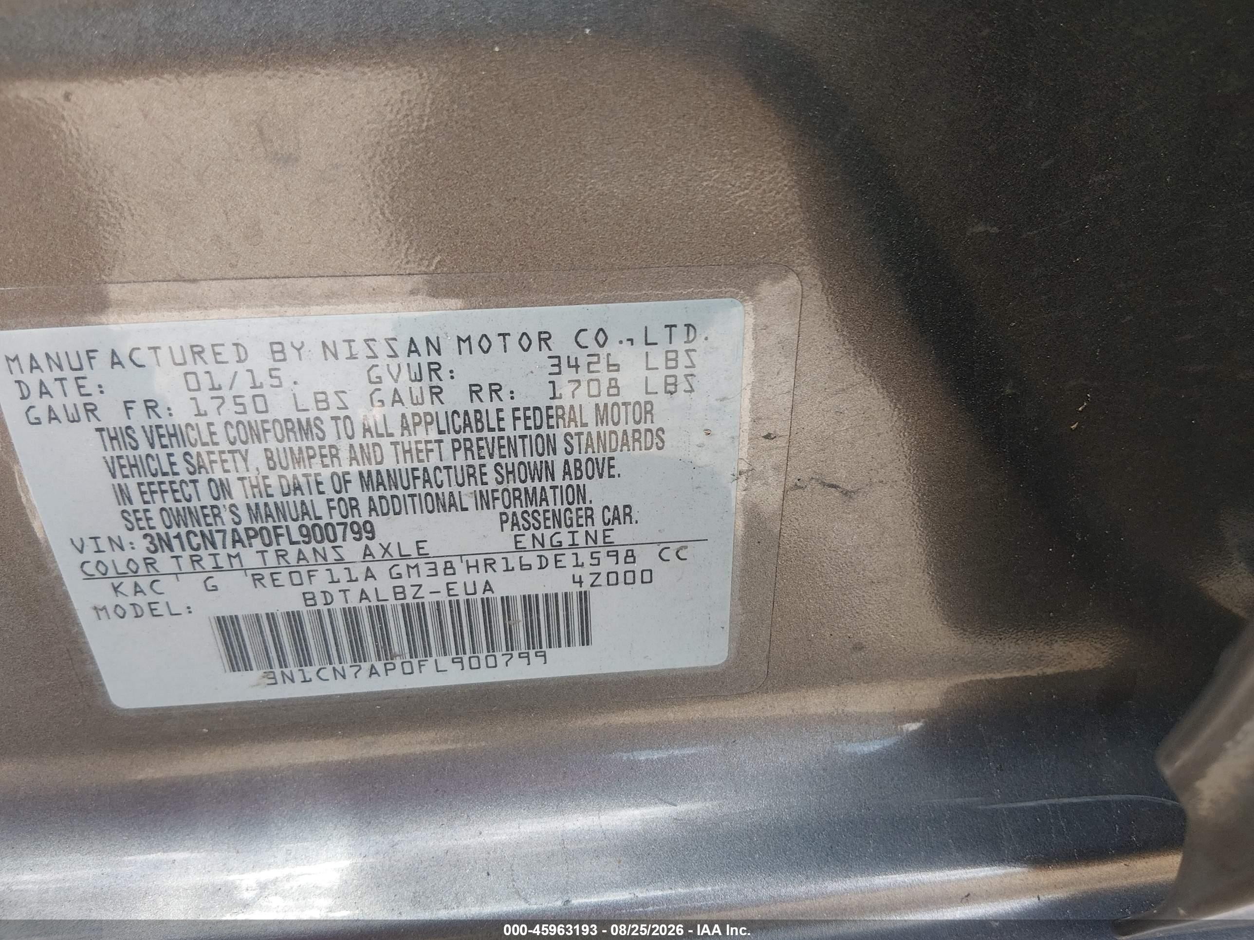 2015 Nissan Versa 1.6 S/1.6 S+/1.6 Sl/1.6 Sv Gray vin: 3N1CN7AP0FL900799