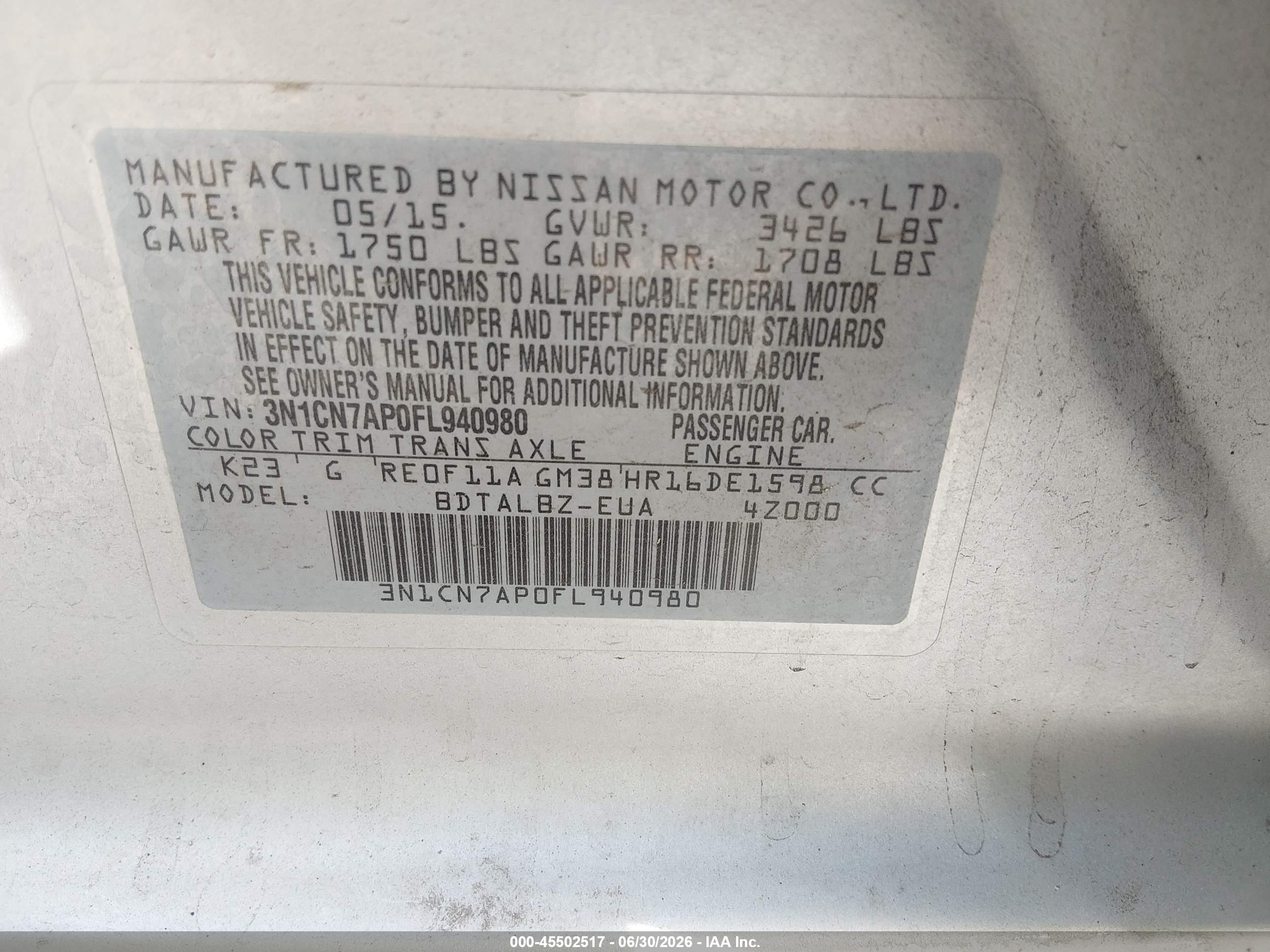 2015 Nissan Versa 1.6 Sv Серебряный vin: 3N1CN7AP0FL940980