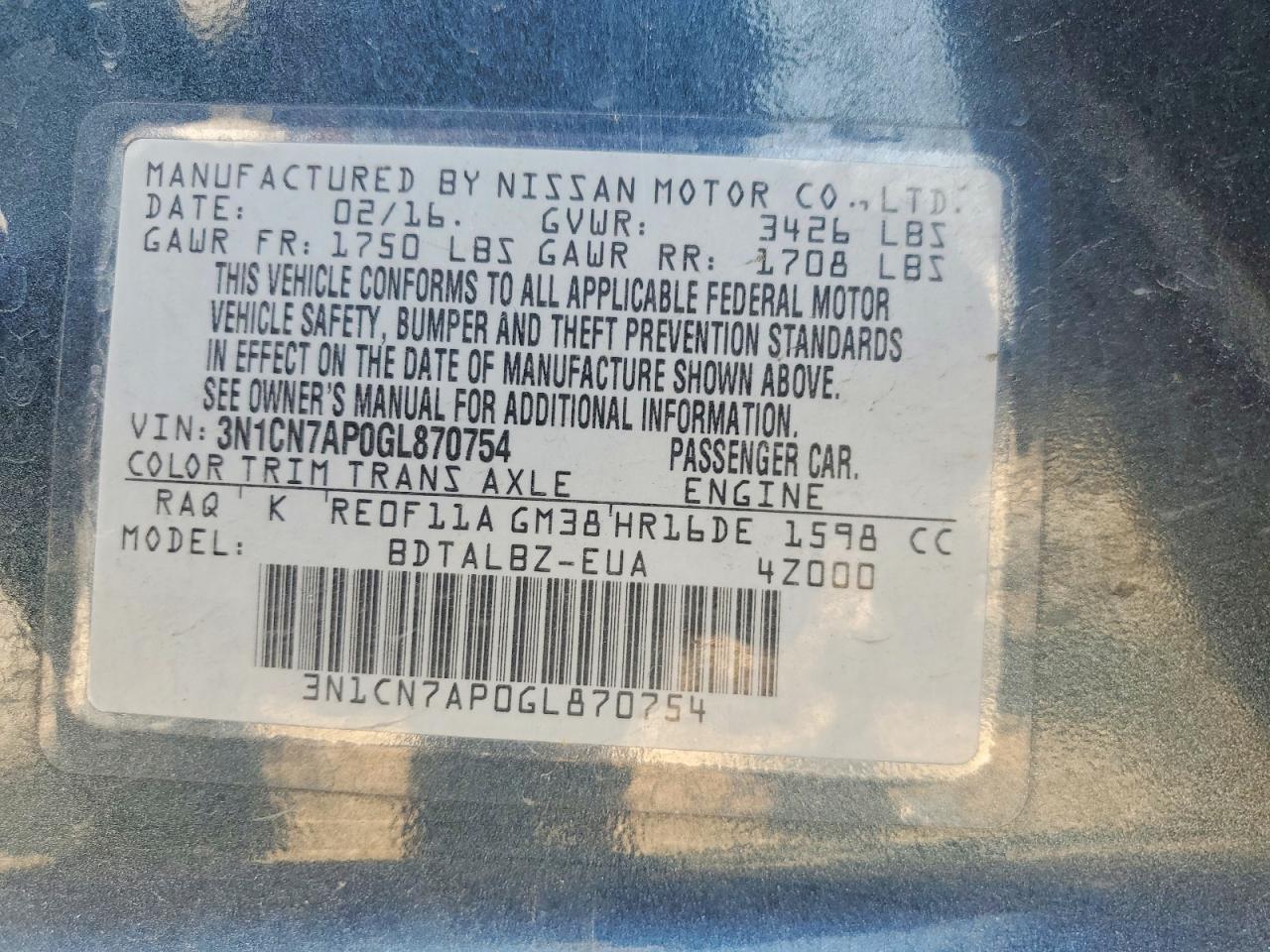 2016 Nissan Versa 1.6 Sv Charcoal vin: 3N1CN7AP0GL870754