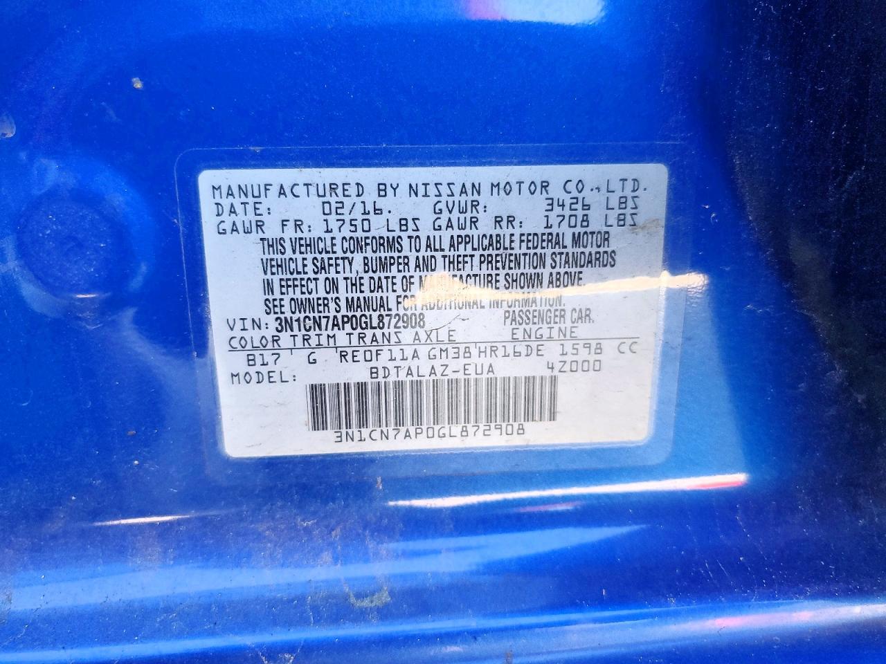 2016 Nissan Versa 1.6 S Plus Blue vin: 3N1CN7AP0GL872908