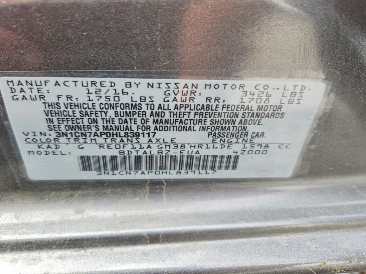 2017 Nissan Versa 1.6 Sv Gray vin: 3N1CN7AP0HL839117