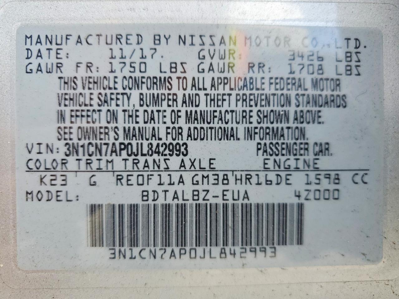 2018 Nissan Versa Sv Silver vin: 3N1CN7AP0JL842993