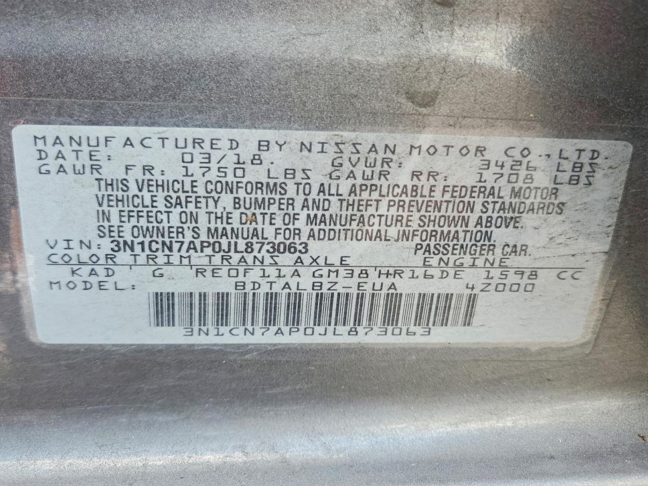 2018 Nissan Versa Sv Gray vin: 3N1CN7AP0JL873063