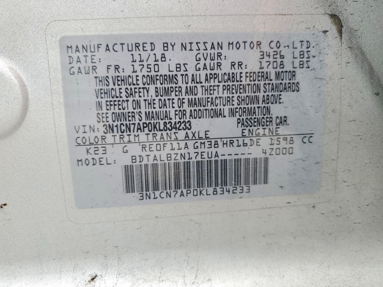 2019 Nissan Versa Sv Серебряный vin: 3N1CN7AP0KL834233