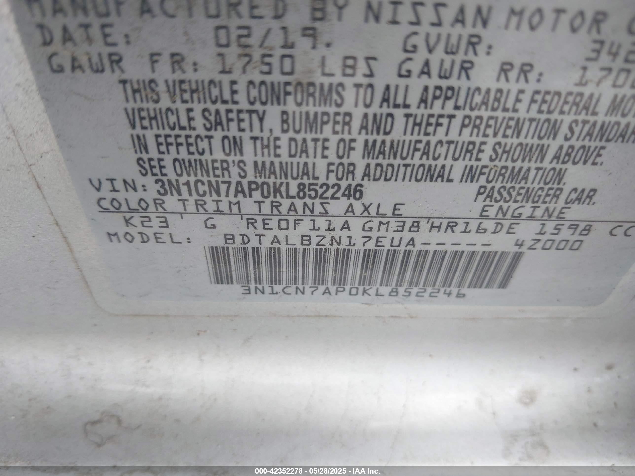 2019 Nissan Versa 1.6 Sv Silver vin: 3N1CN7AP0KL852246