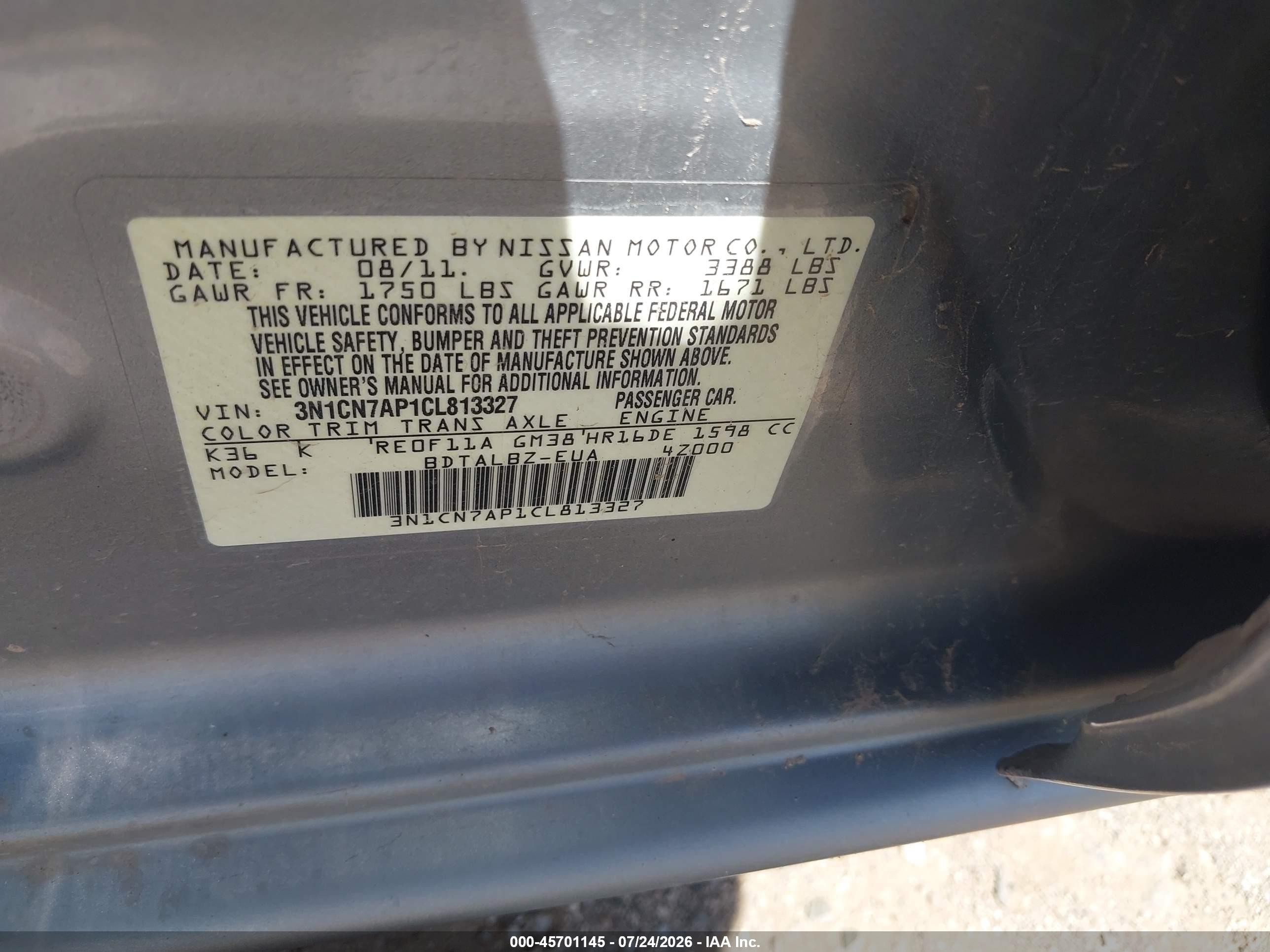 2012 Nissan Versa 1.6 Sv Gray vin: 3N1CN7AP1CL813327