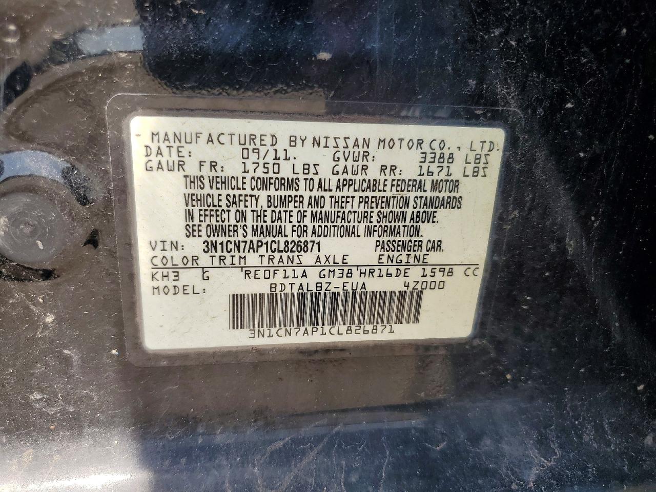 2012 Nissan Versa 1.6 S Black vin: 3N1CN7AP1CL826871