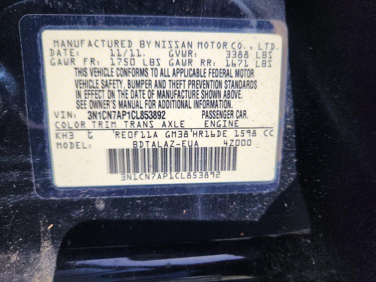 2012 Nissan Versa 1.6 S Black vin: 3N1CN7AP1CL853892