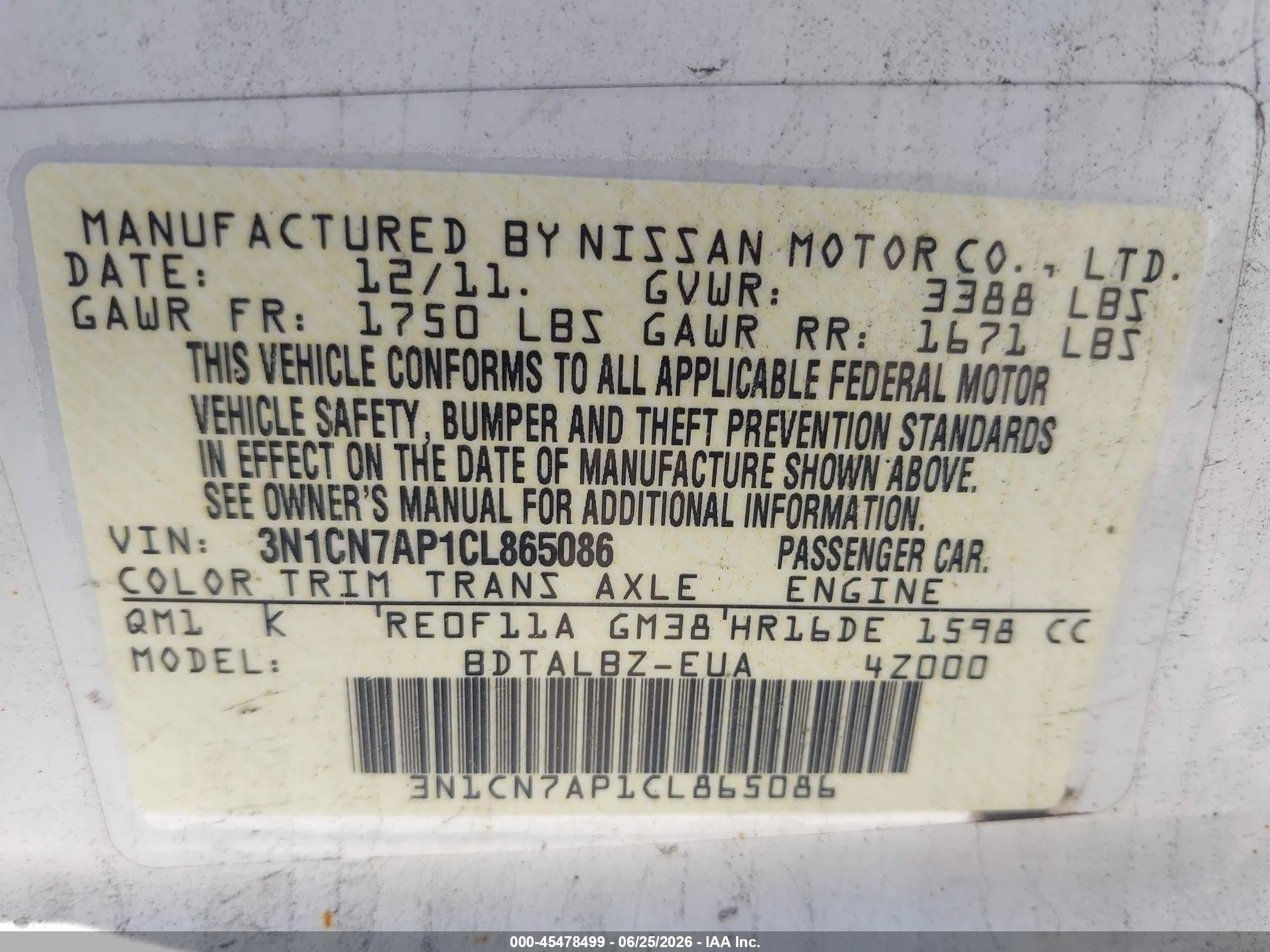2012 Nissan Versa 1.6 Sv White vin: 3N1CN7AP1CL865086
