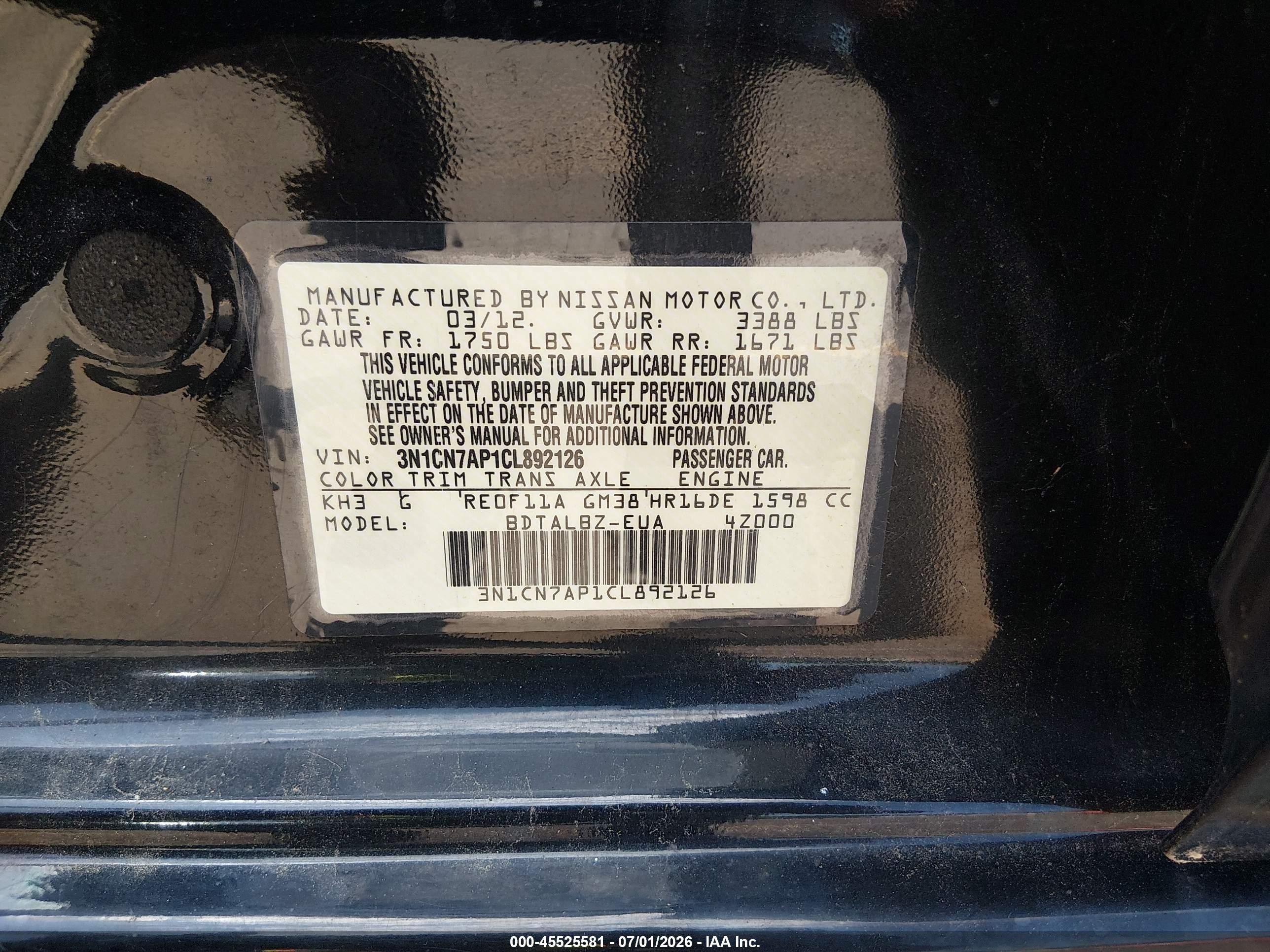 2012 Nissan Versa 1.6 Sv Black vin: 3N1CN7AP1CL892126