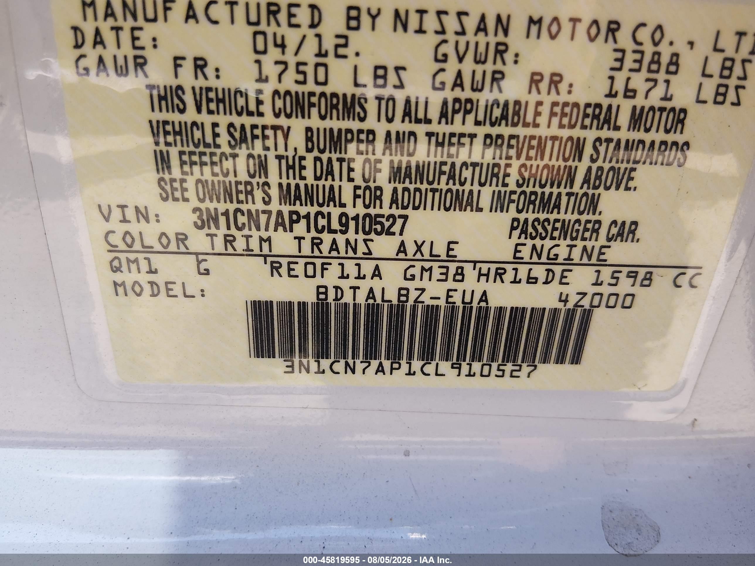 2012 Nissan Versa 1.6 Sv White vin: 3N1CN7AP1CL910527