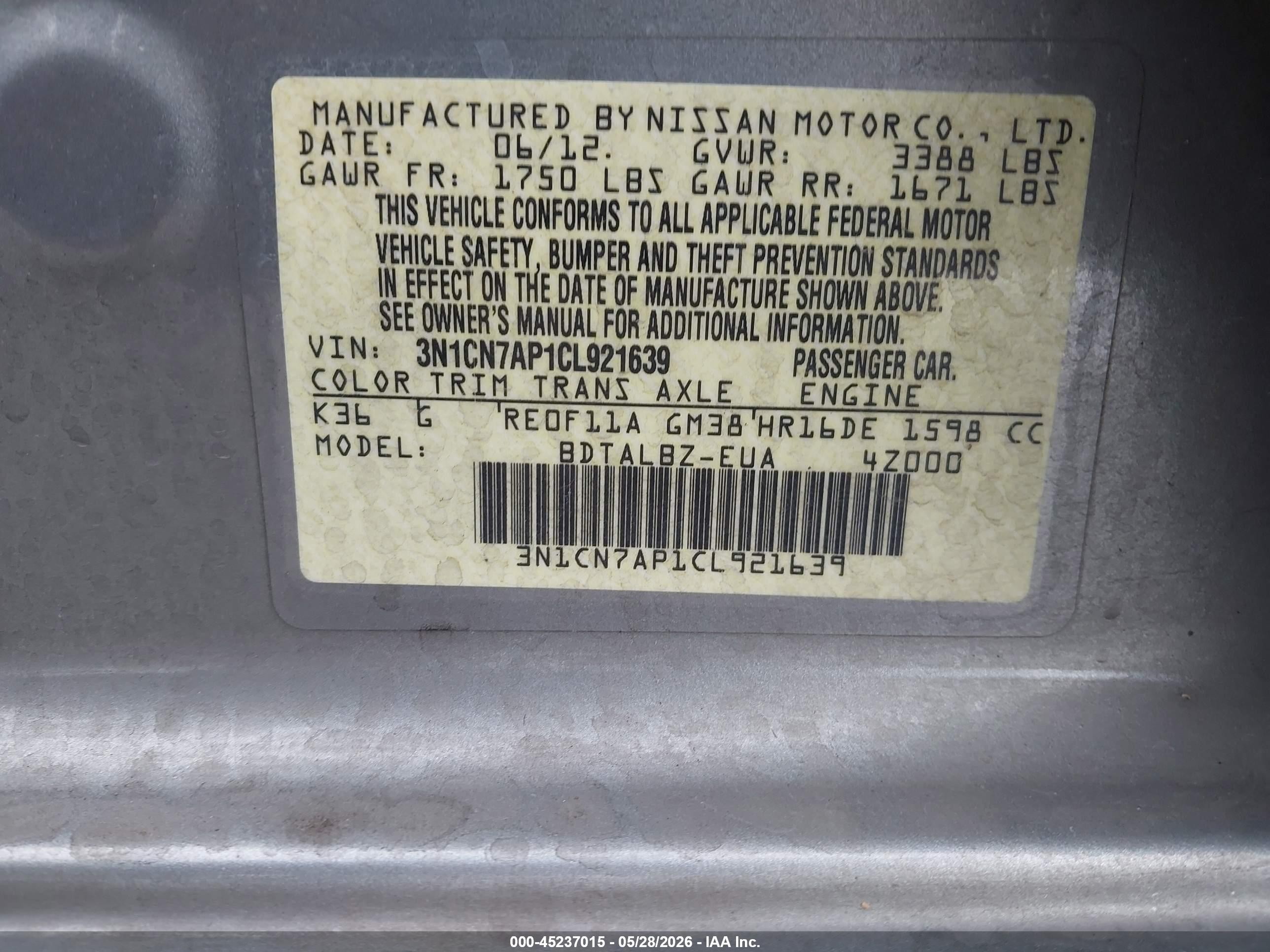 2012 Nissan Versa 1.6 Sv Silver vin: 3N1CN7AP1CL921639