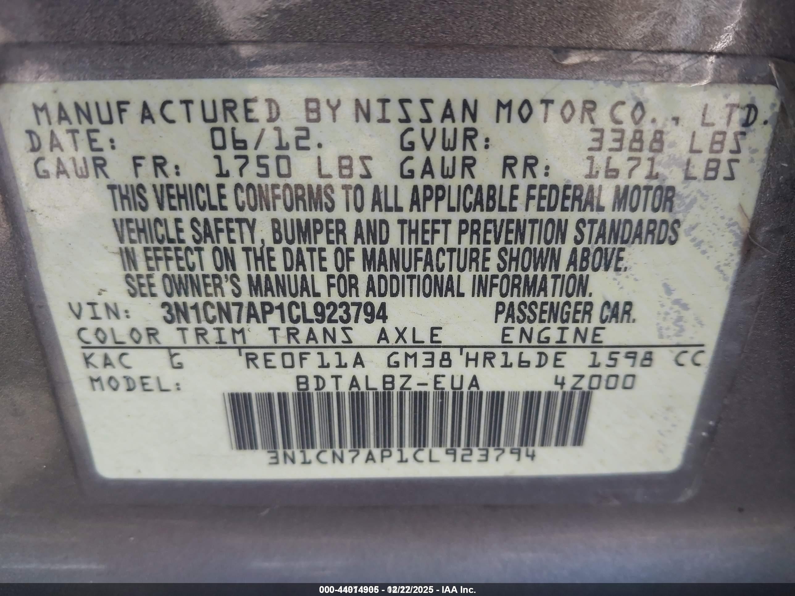 2012 Nissan Versa 1.6 Sv Gray vin: 3N1CN7AP1CL923794