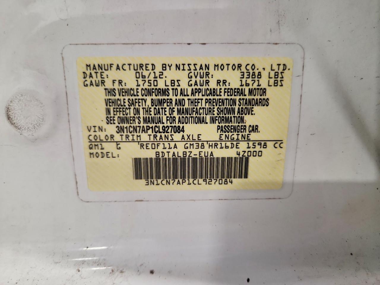 2012 Nissan Versa 1.6 S Белый vin: 3N1CN7AP1CL927084