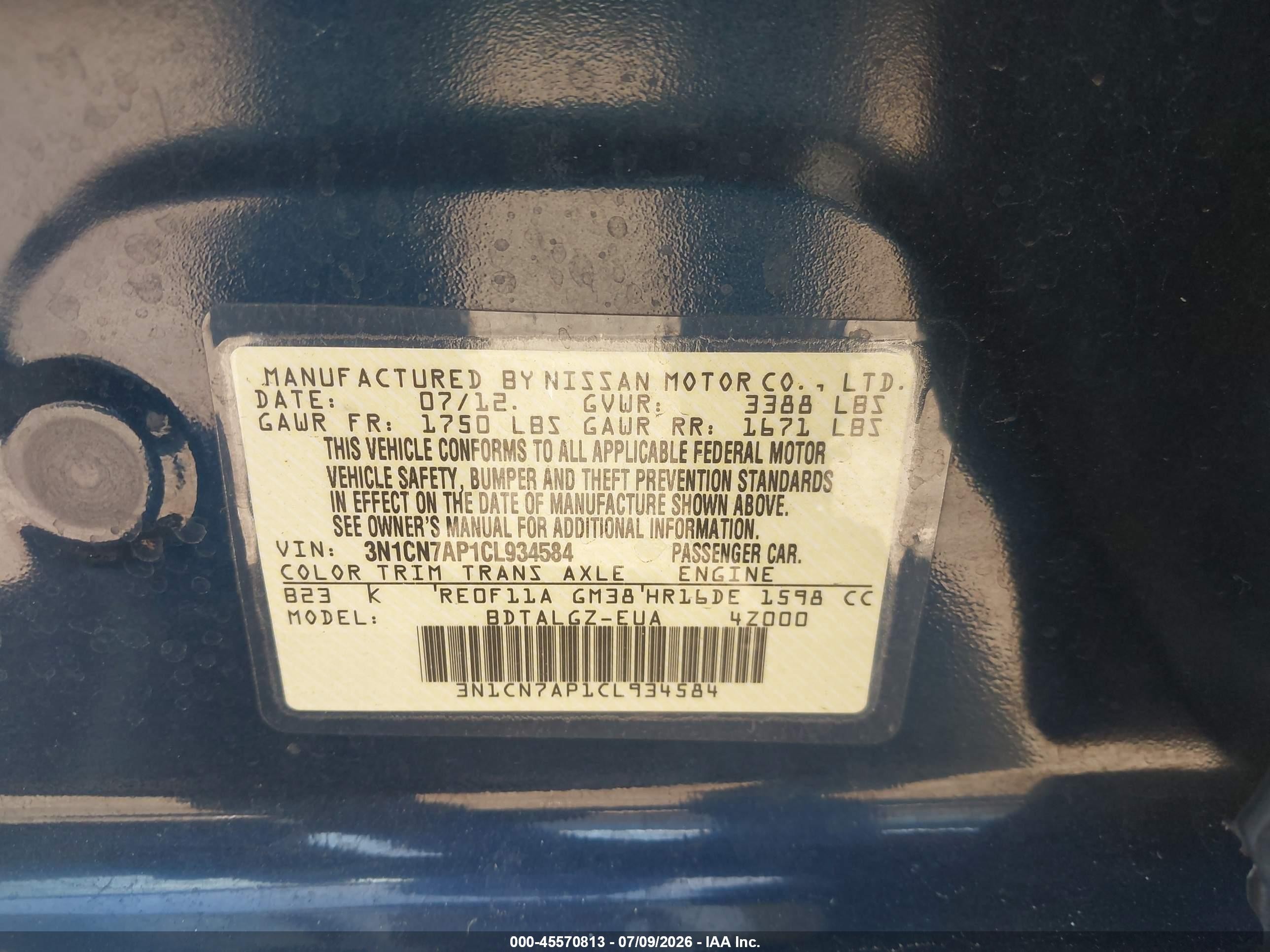 2012 Nissan Versa 1.6 Sl Dark Blue vin: 3N1CN7AP1CL934584