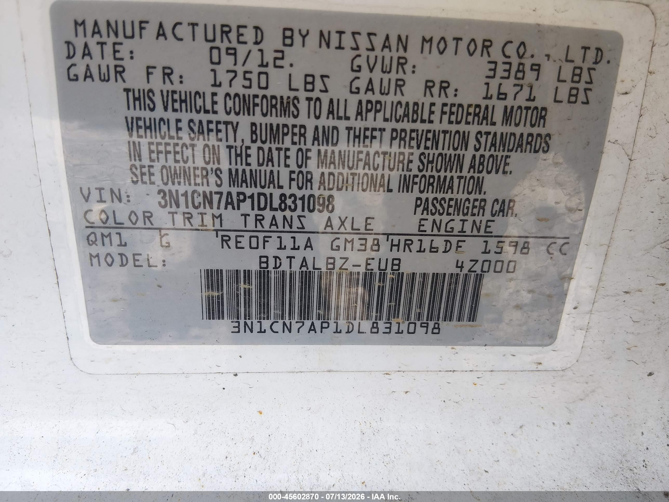 2013 Nissan Versa 1.6 Sv White vin: 3N1CN7AP1DL831098