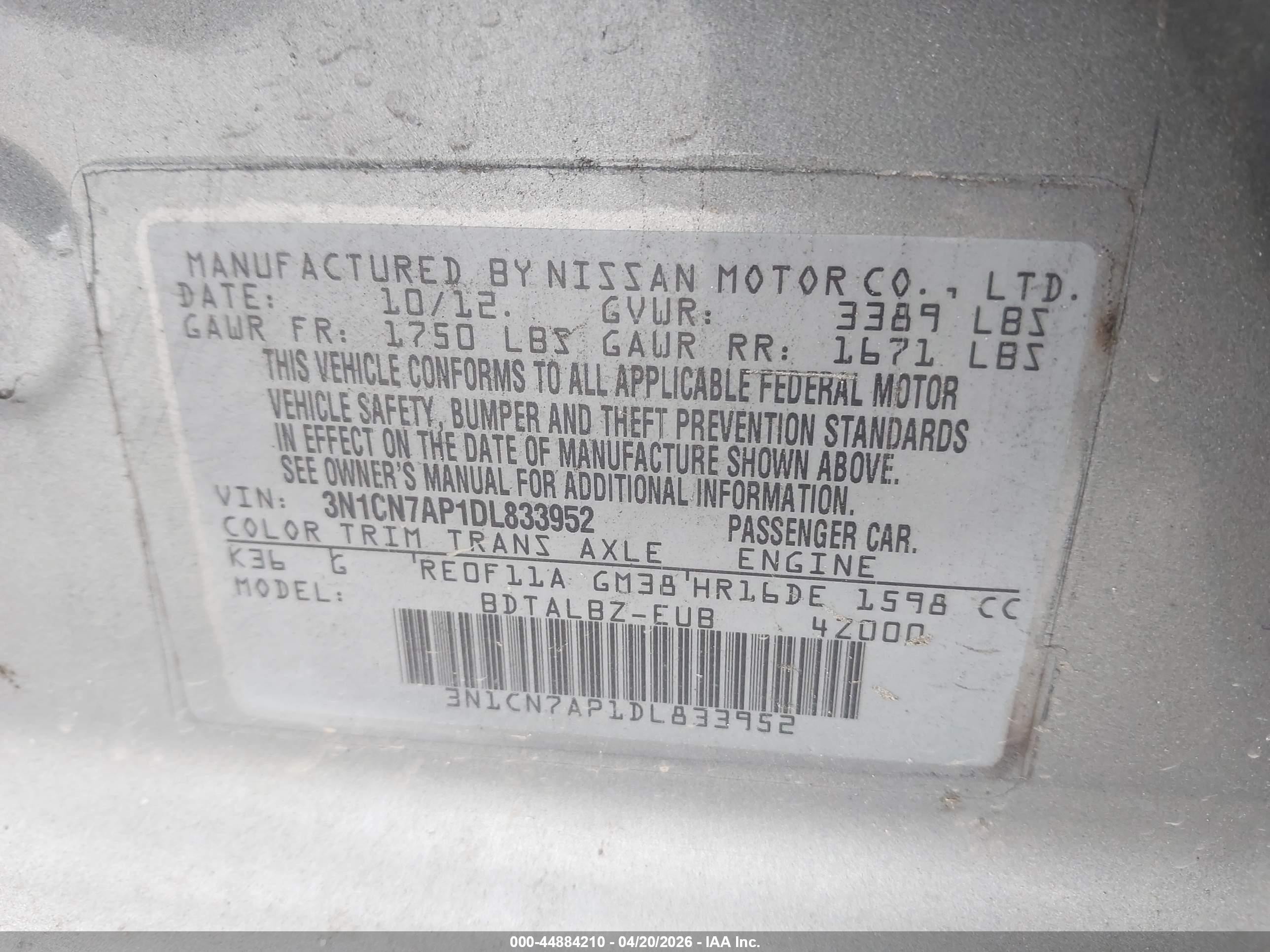 2013 Nissan Versa 1.6 Sv Gray vin: 3N1CN7AP1DL833952
