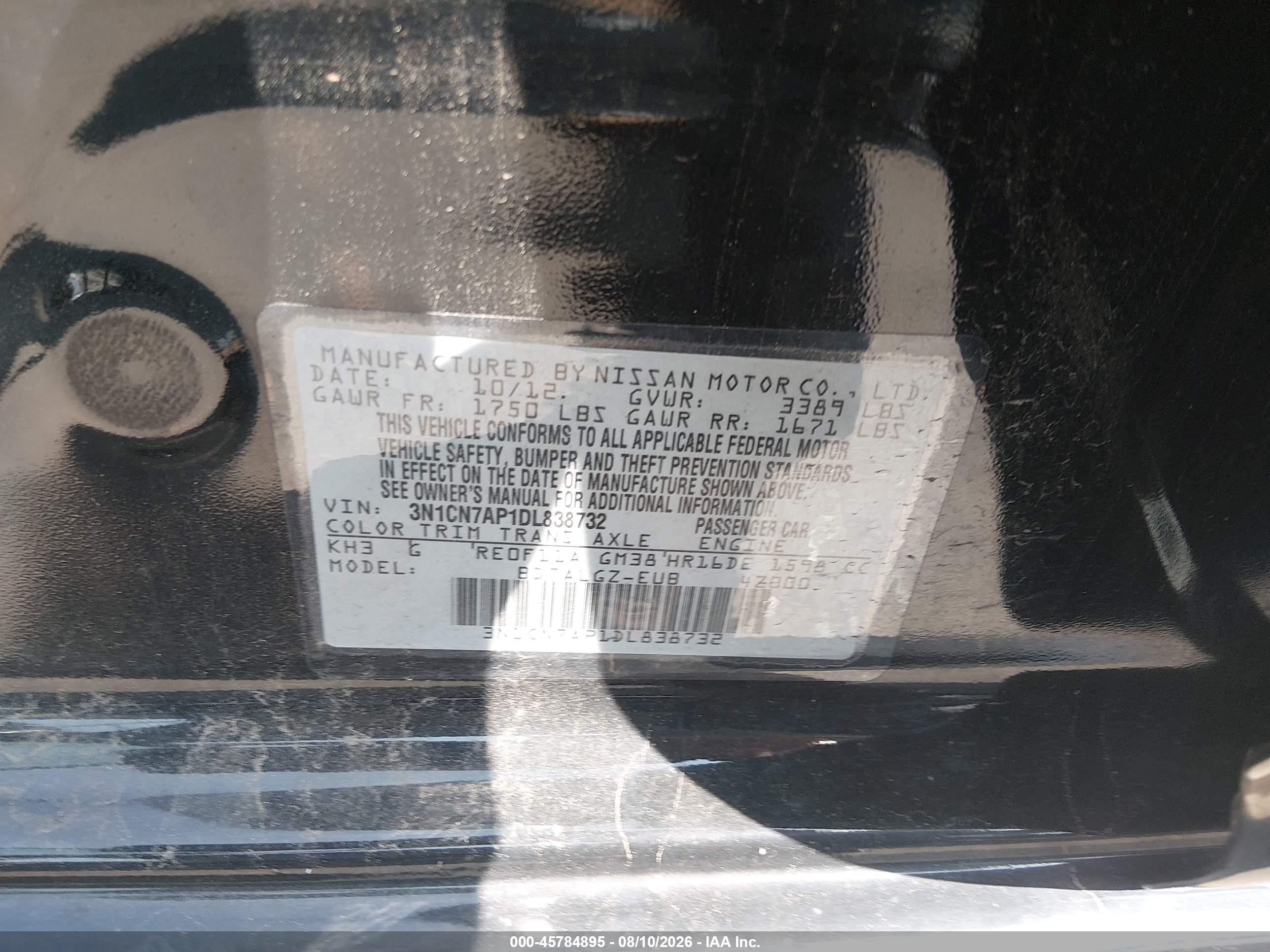 2013 Nissan Versa 1.6 Sl Black vin: 3N1CN7AP1DL838732