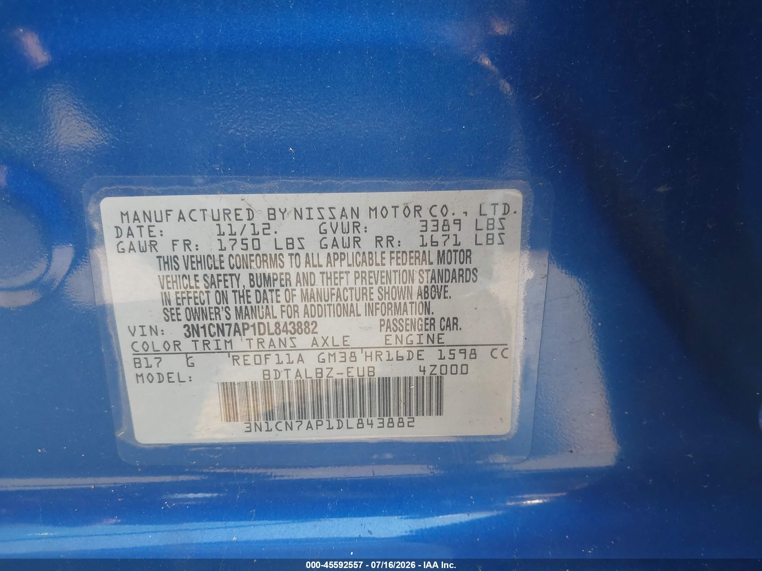 2013 Nissan Versa 1.6 Sv Blue vin: 3N1CN7AP1DL843882