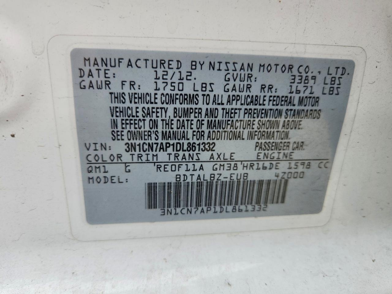 2013 Nissan Versa 1.6 S White vin: 3N1CN7AP1DL861332