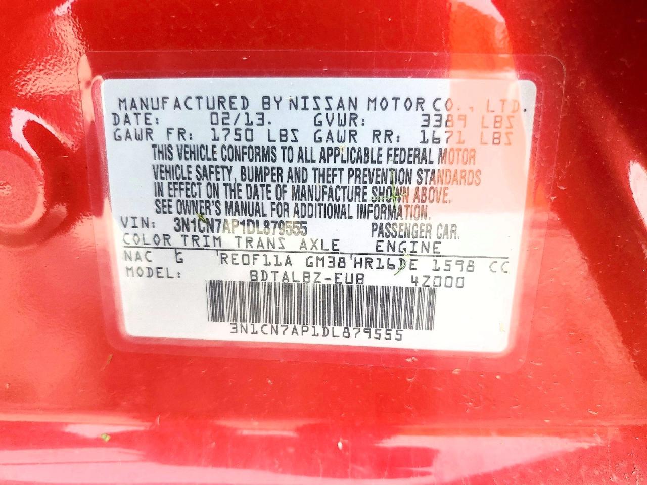2013 Nissan Versa 1.6 S Красный vin: 3N1CN7AP1DL879555