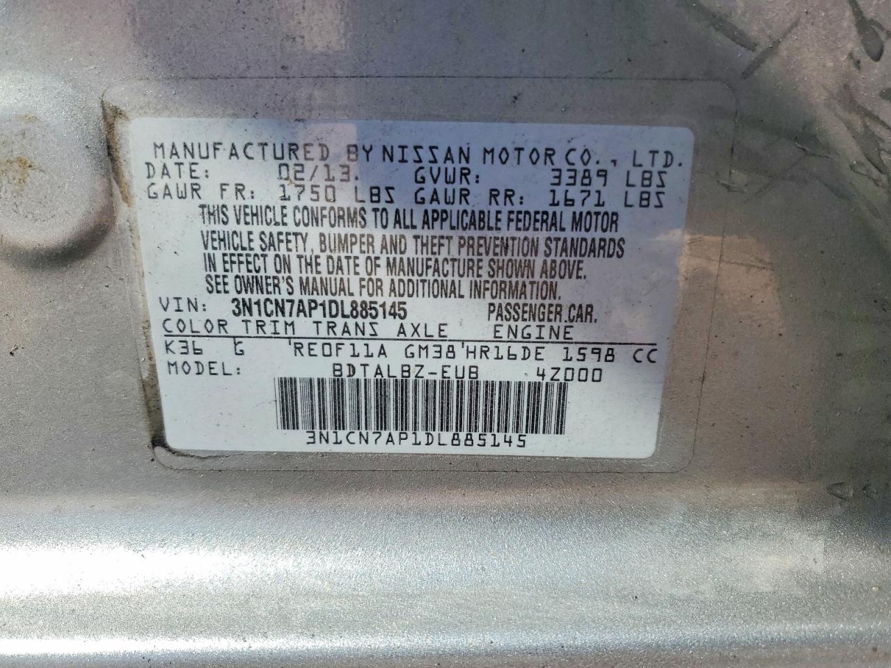 2013 Nissan Versa 1.6 S Silver vin: 3N1CN7AP1DL885145