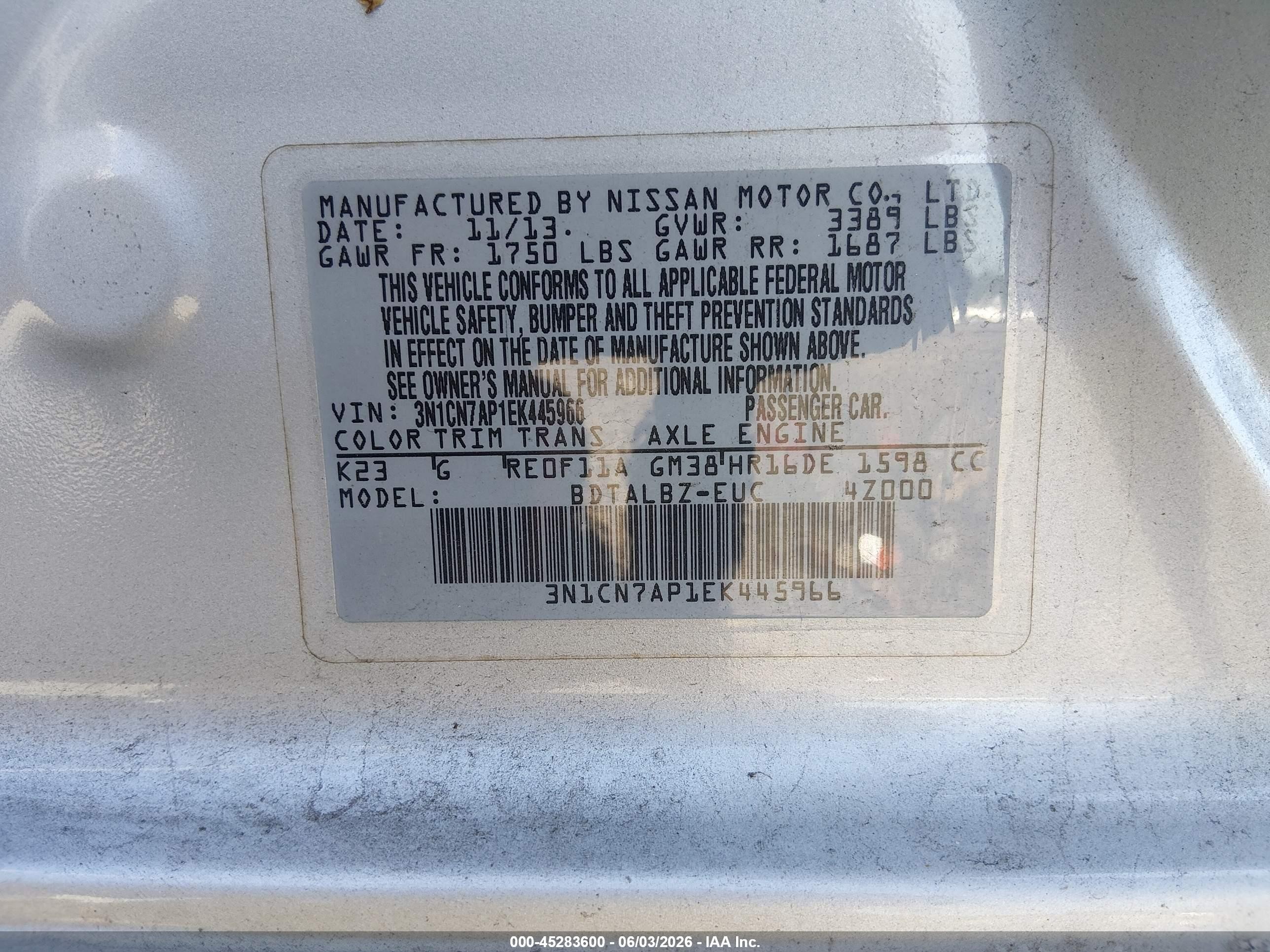 2014 Nissan Versa 1.6 Sv Silver vin: 3N1CN7AP1EK445966