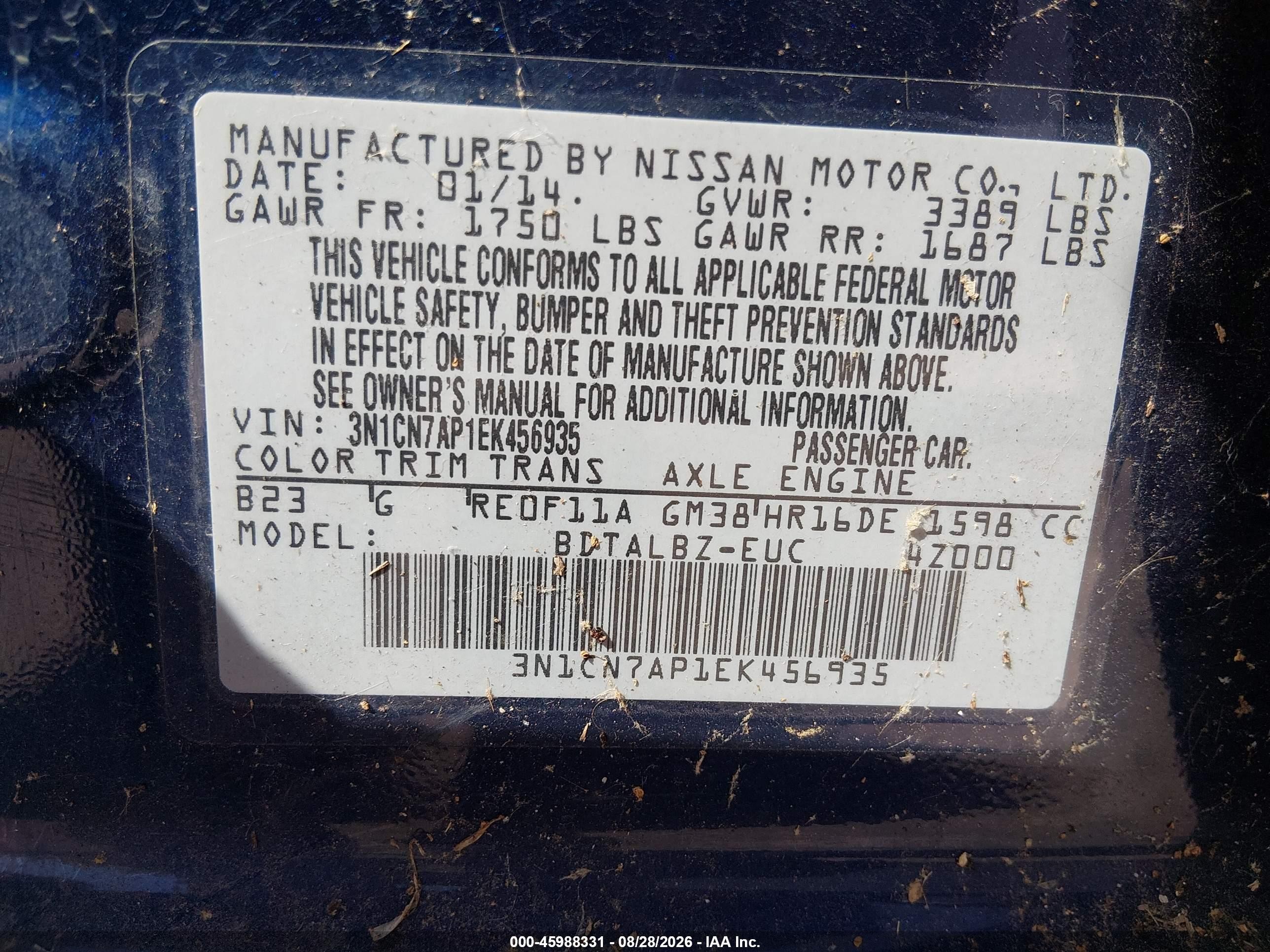 2014 Nissan Versa 1.6 Sv Blue vin: 3N1CN7AP1EK456935